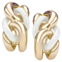 White Ceramic Groumette Pair of Earrings in 18 Karat Yellow Gold