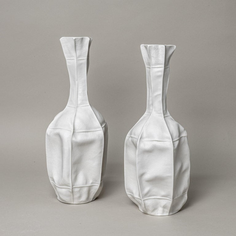 White Ceramic Kawa Vase #12, Leather textured Organic Porcelain Vessel For Sale 3
