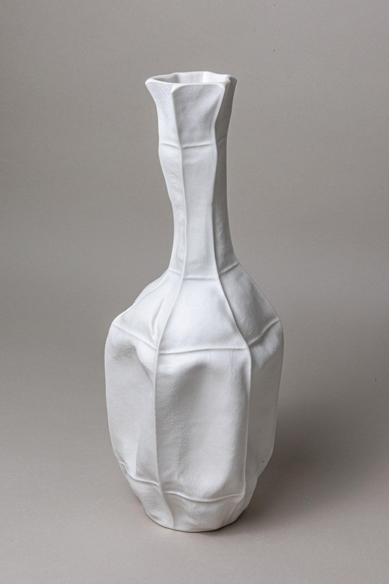 White Ceramic Kawa Vase #12, Leather textured Organic Porcelain Vessel For Sale 4