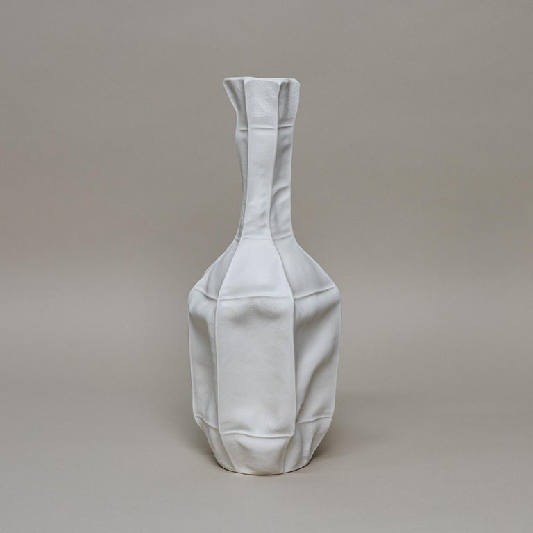 Modern White Ceramic Kawa Vase #12, Leather textured Organic Porcelain Vessel For Sale
