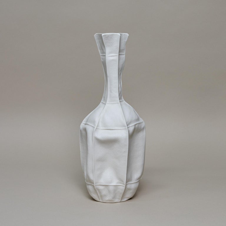 American White Ceramic Kawa Vase #12, Leather textured Organic Porcelain Vessel For Sale