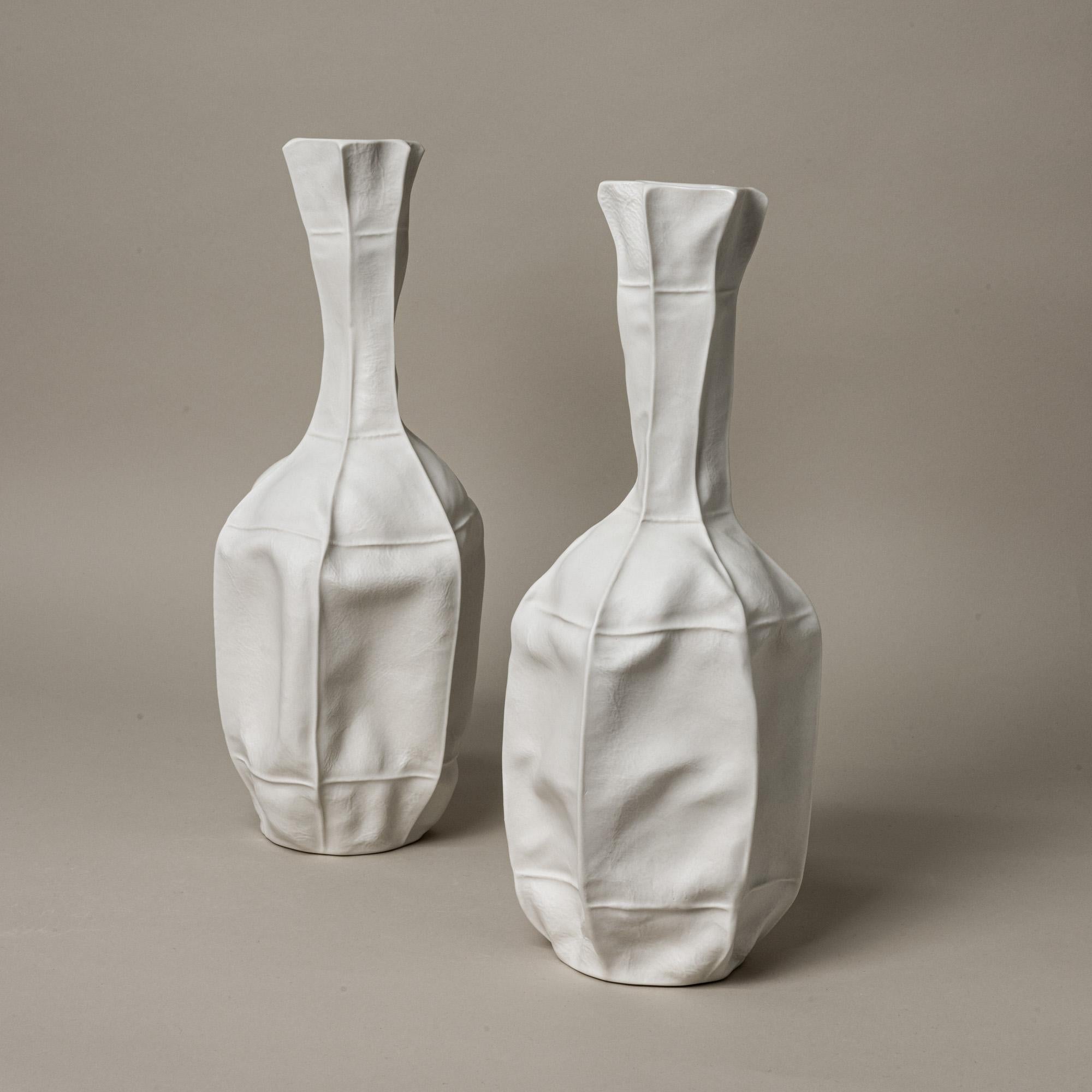 Contemporary In-Stock, White Ceramic Kawa Vase 12, Leather textured Organic Modern porcelain For Sale