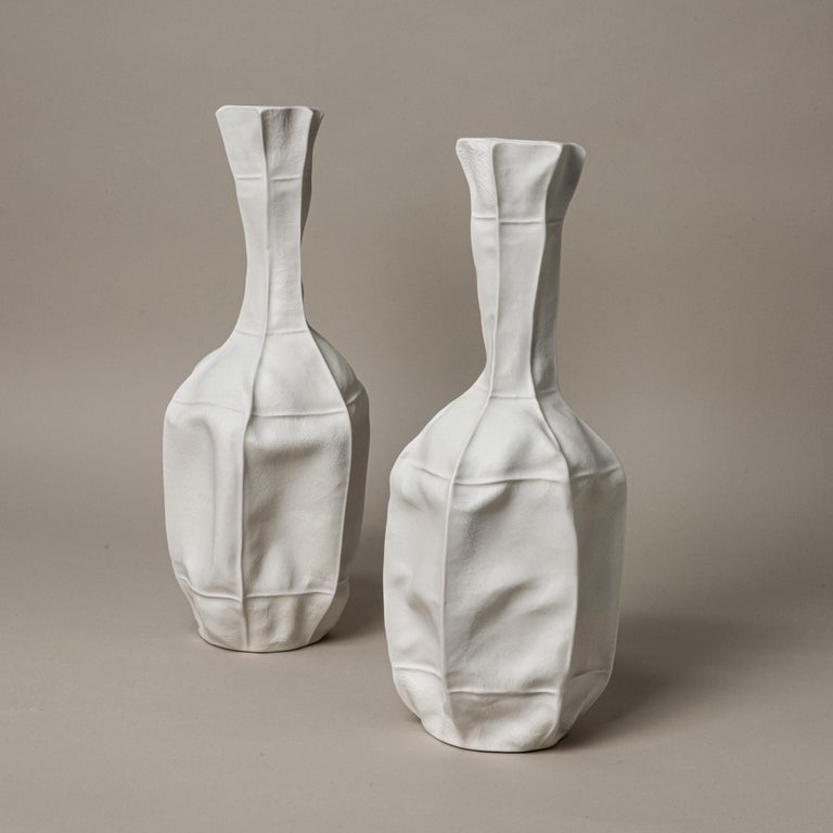 Contemporary White Ceramic Kawa Vase #12, Leather textured Organic Porcelain Vessel For Sale