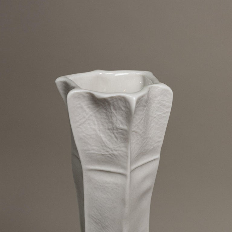 White Ceramic Kawa Vase #12, Leather textured Organic Porcelain Vessel For Sale 1