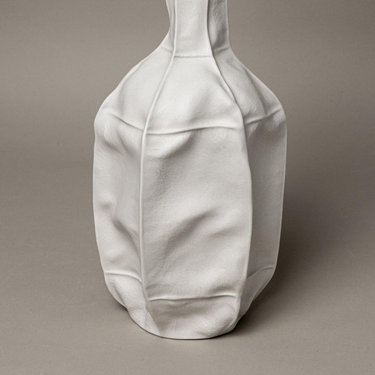 White Ceramic Kawa Vase #12, Leather textured Organic Porcelain Vessel For Sale 2
