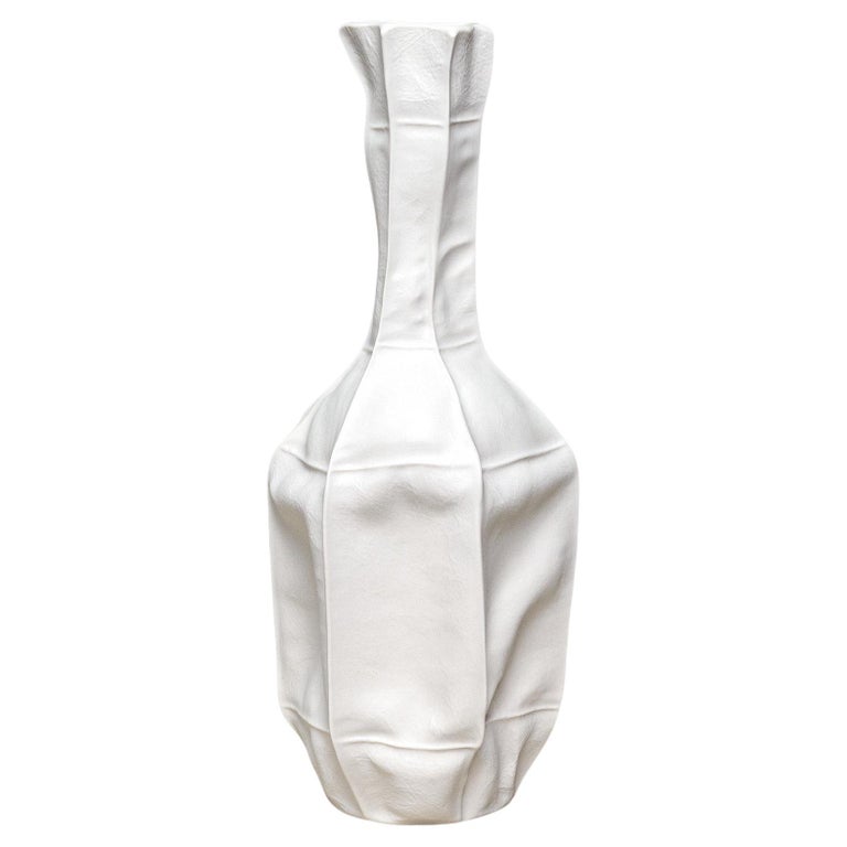 White Ceramic Kawa Vase #12, Leather textured Organic Porcelain Vessel For Sale