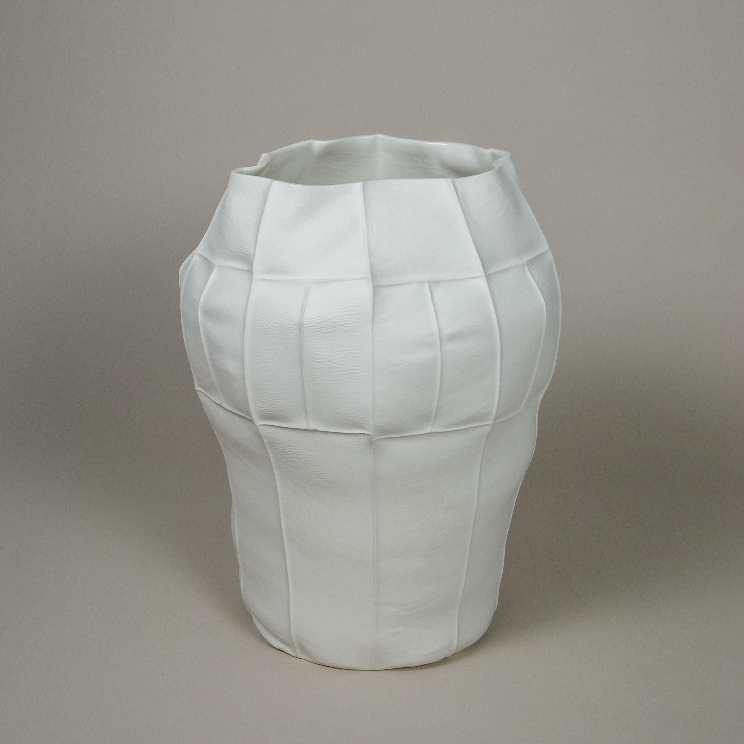 American White Ceramic Kawa Vessel, Large 03, Leather Cast Porcelain Vase, Centerpiece For Sale