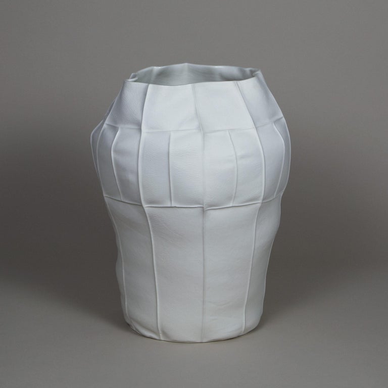 Hand-Crafted White Ceramic Kawa Vessel, Large 03, Leather Cast Porcelain Vase, Centerpiece For Sale
