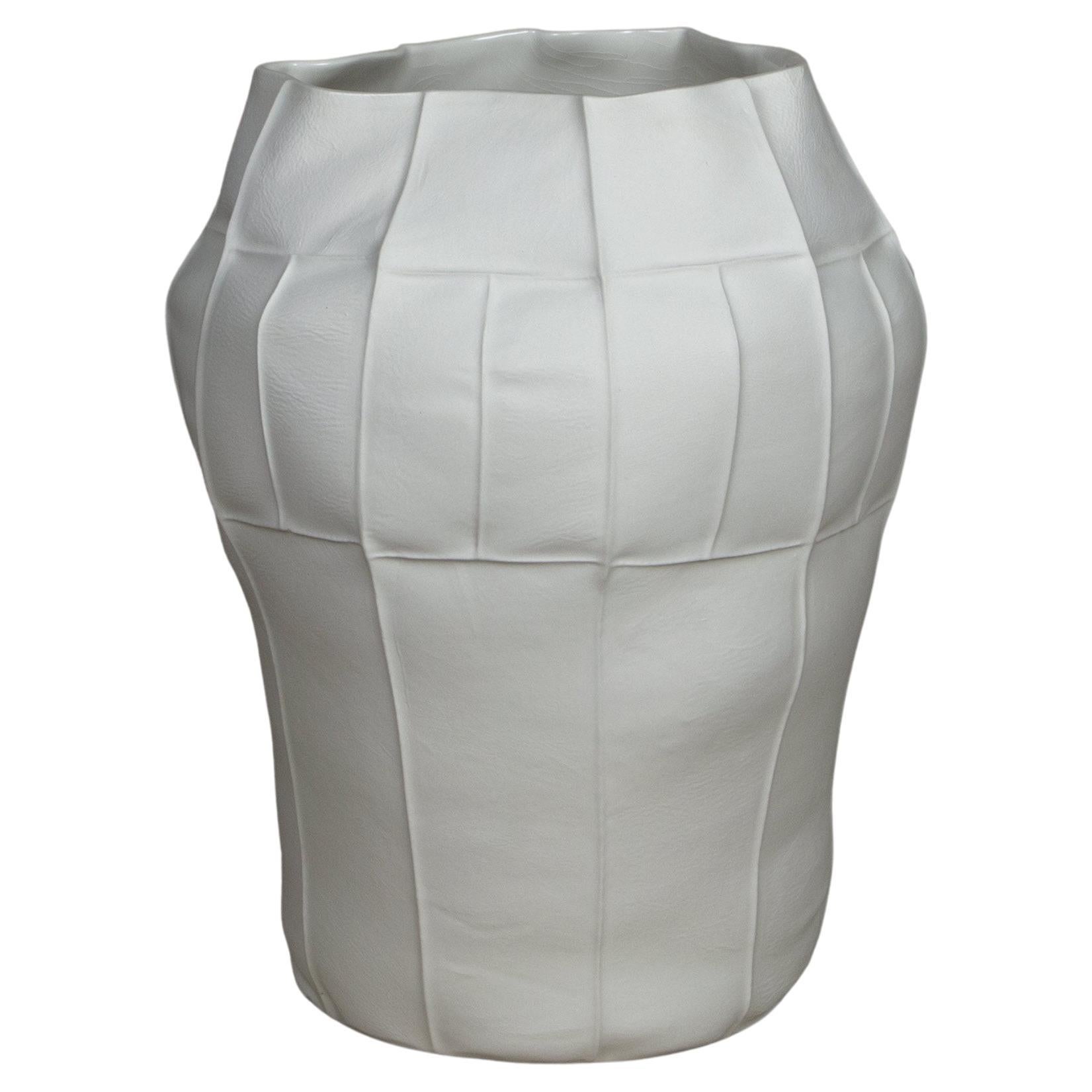 White Ceramic Kawa Vessel, Large 03, Leather Cast Porcelain Vase, Centerpiece