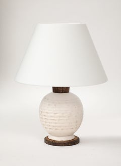 White Ceramic Lamp with Limed Oak & Bronze Hardware, France, c. 1940