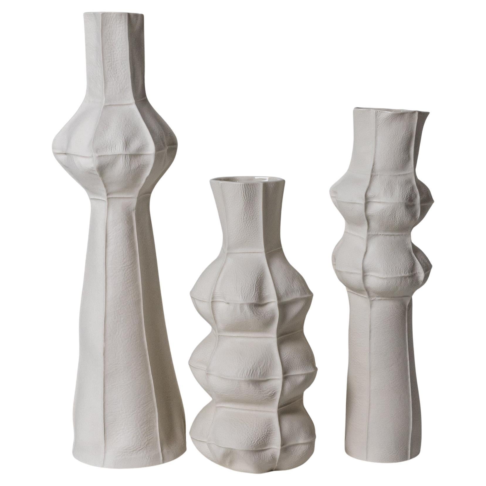 White Ceramic Organic Kawa Vase Set/3 C, sculptural haptic porcelain flower vase