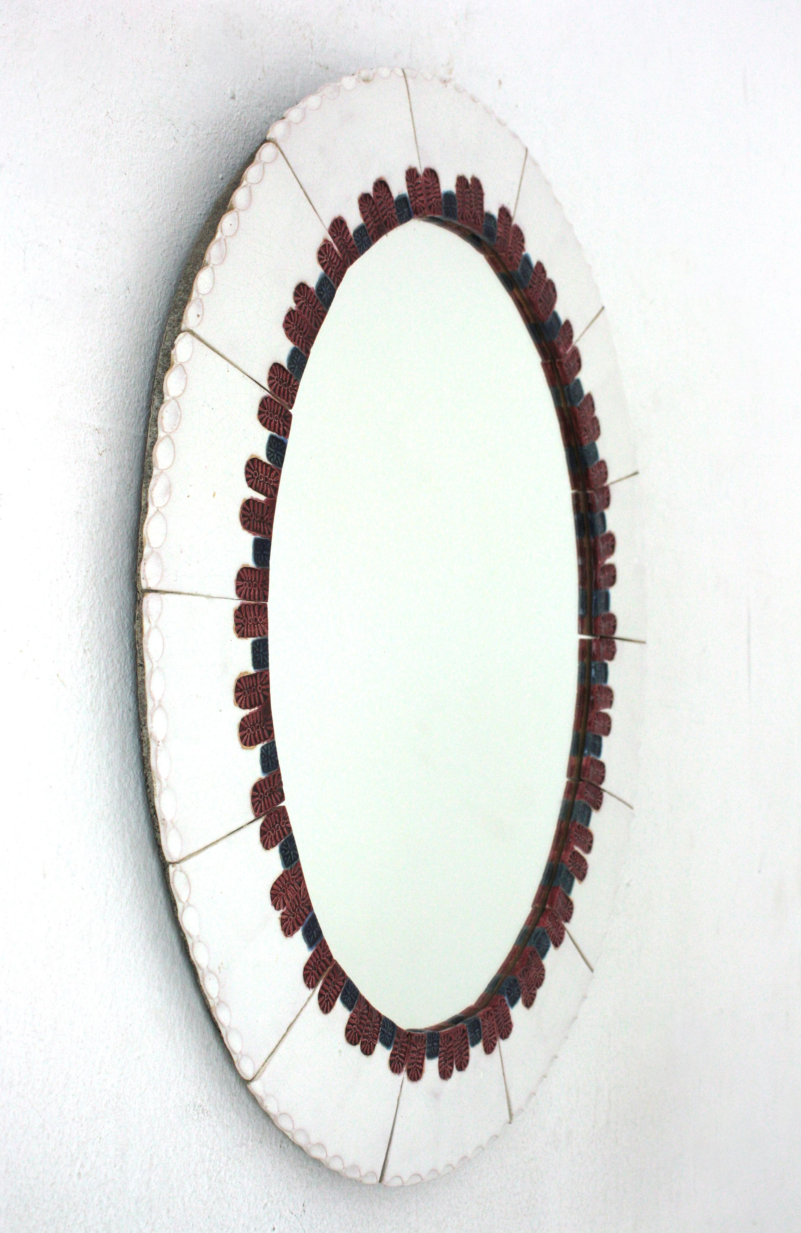 Mid-Century Modern White Ceramic Oval Mirror, Spain, 1960s For Sale