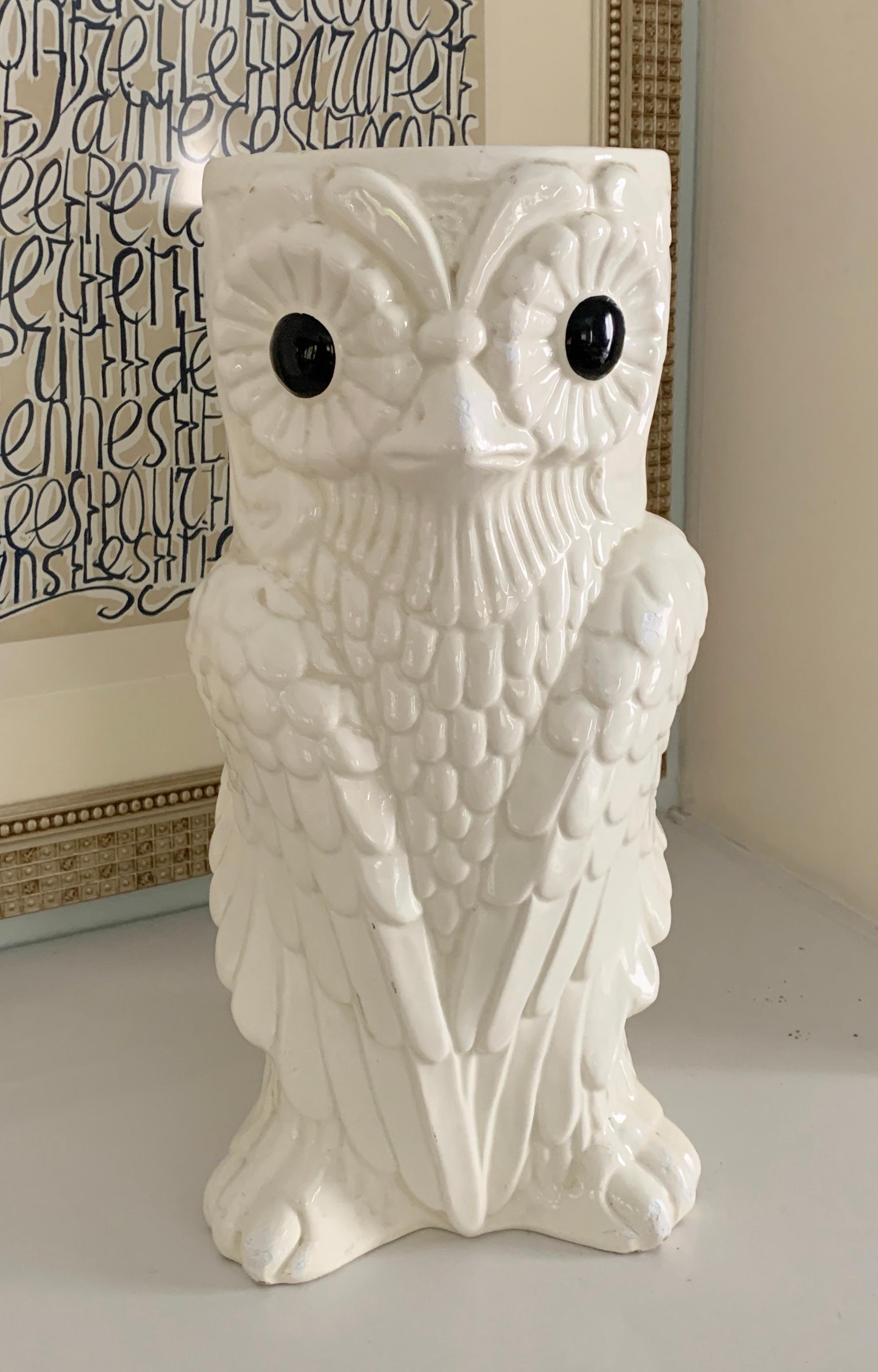 20th Century White Ceramic owl Umbrella Stand