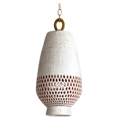 Medium White Ceramic Pendant Light, Brushed Brass, Diamantes Atzompa Collection