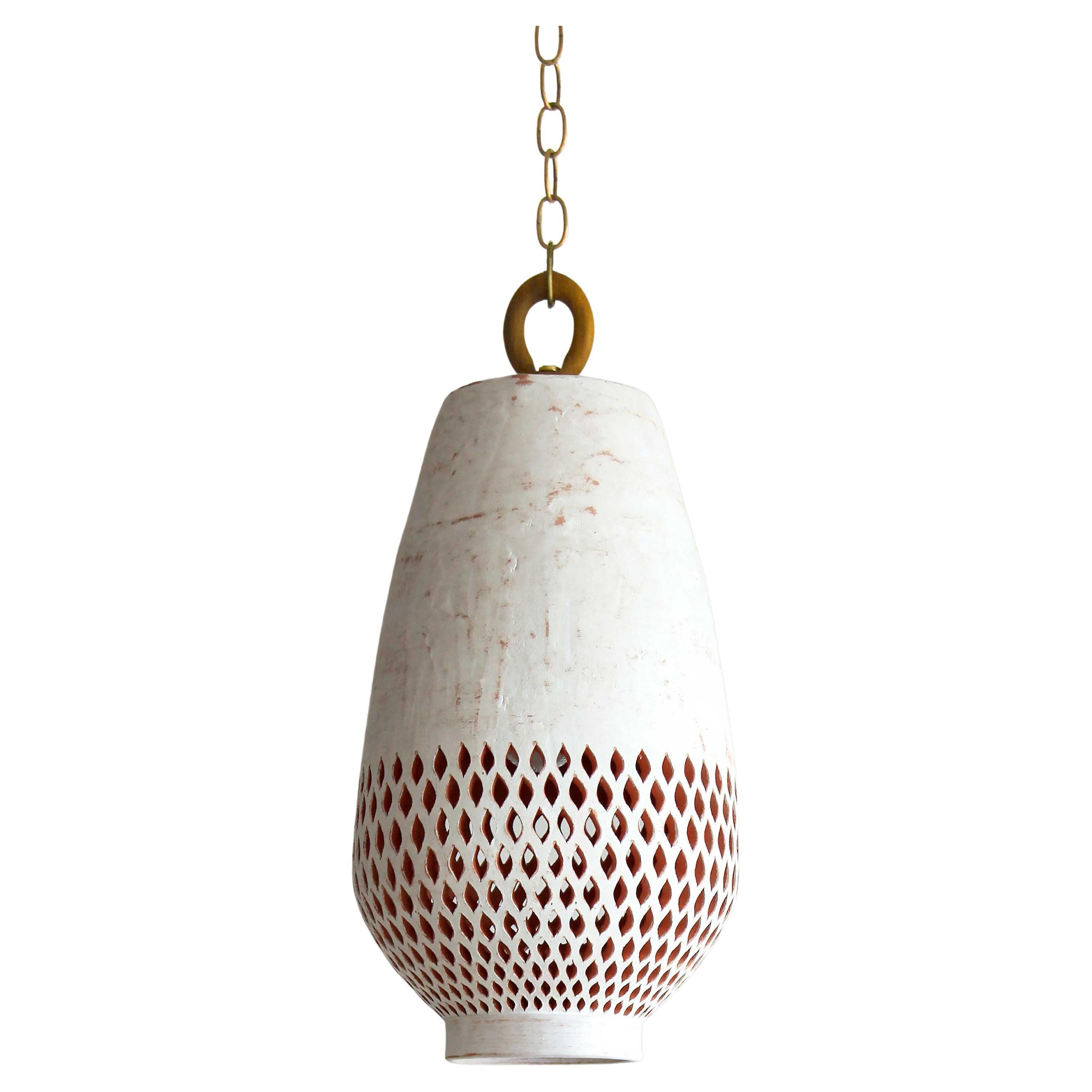 Large White Ceramic Pendant Light, Brushed Brass, Diamantes Atzompa Collection For Sale