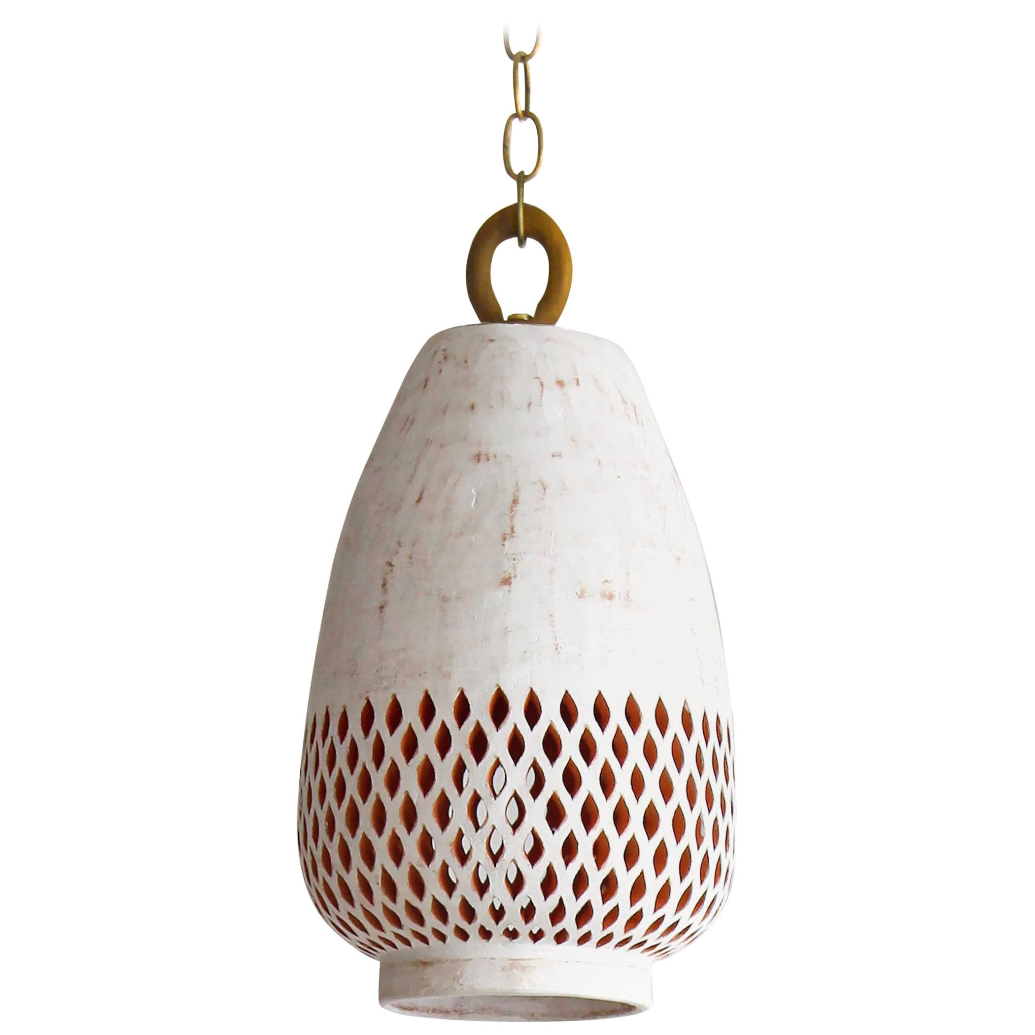 Small White Ceramic Pendant Light, Brushed Brass, Diamantes Atzompa Collection For Sale
