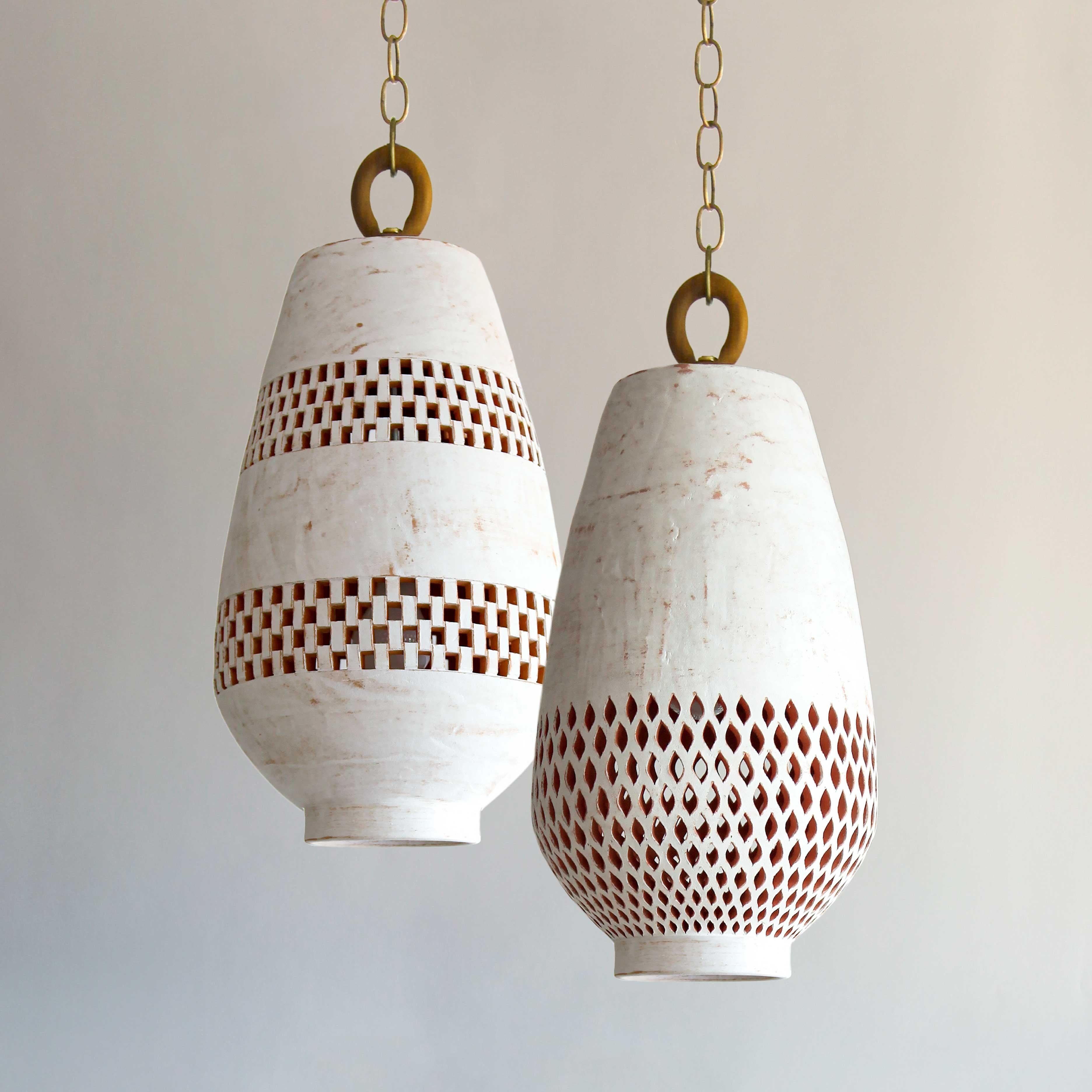 Hand-Crafted White Ceramic Pendant Light XL, Aged Brass, Ajedrez Atzompa Collection For Sale