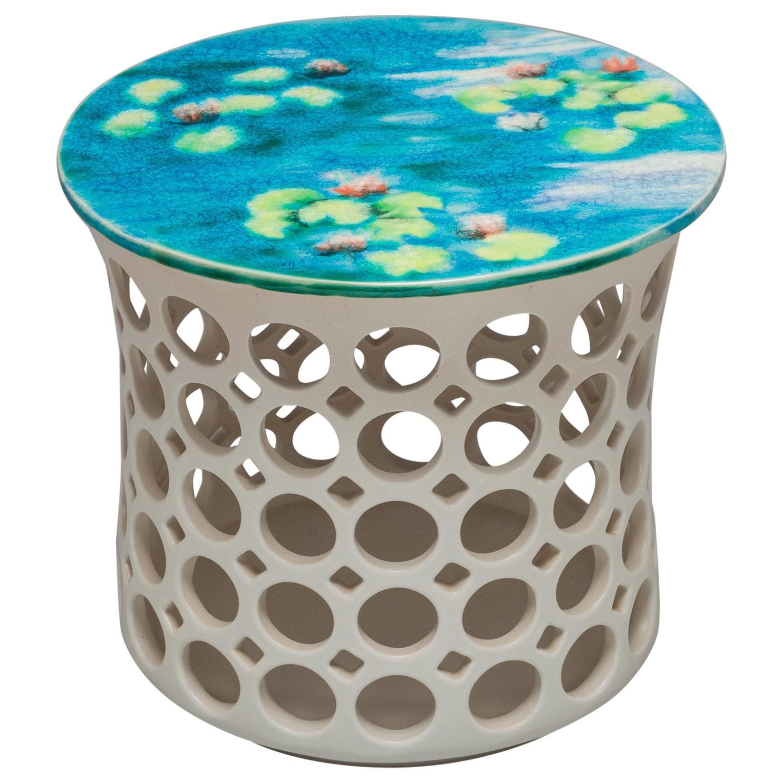 White Ceramic Pierced Side Table Turquoise/Yellow Impressionist Ceramic Top