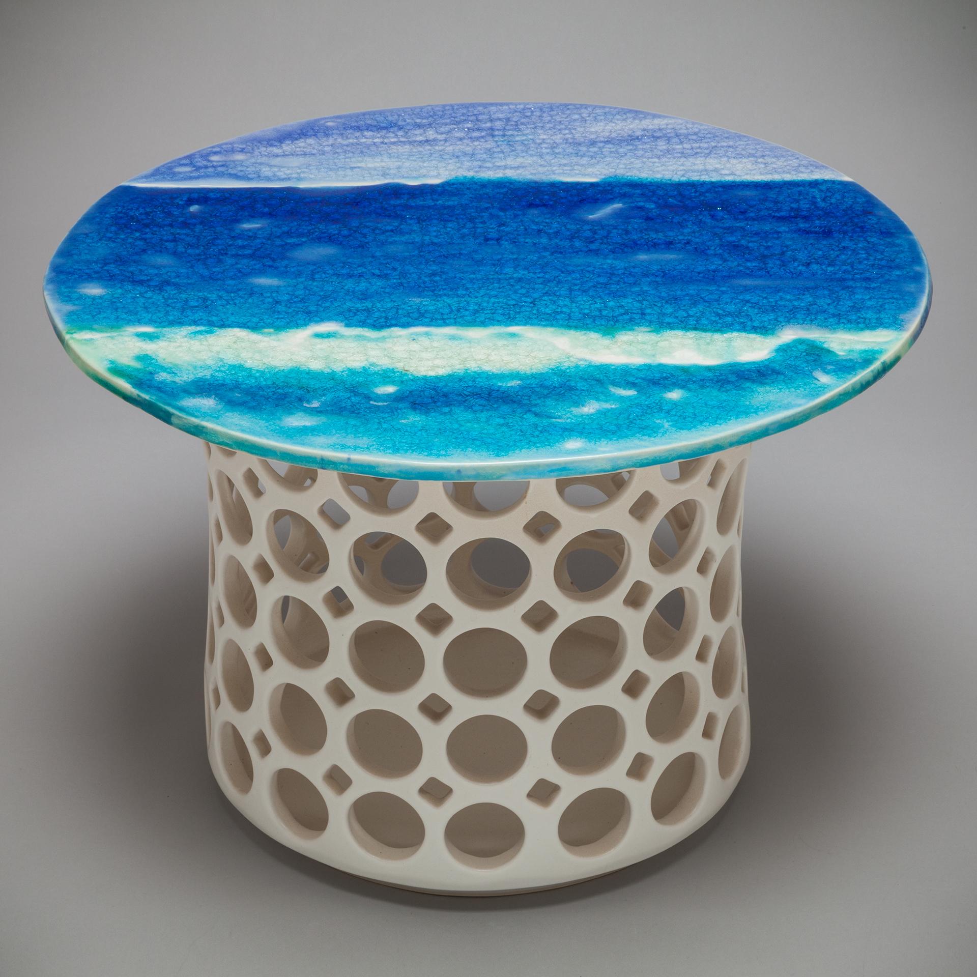 Fired White Ceramic Pierced Side Table with Blue and Green Impressionist Ceramic Top
