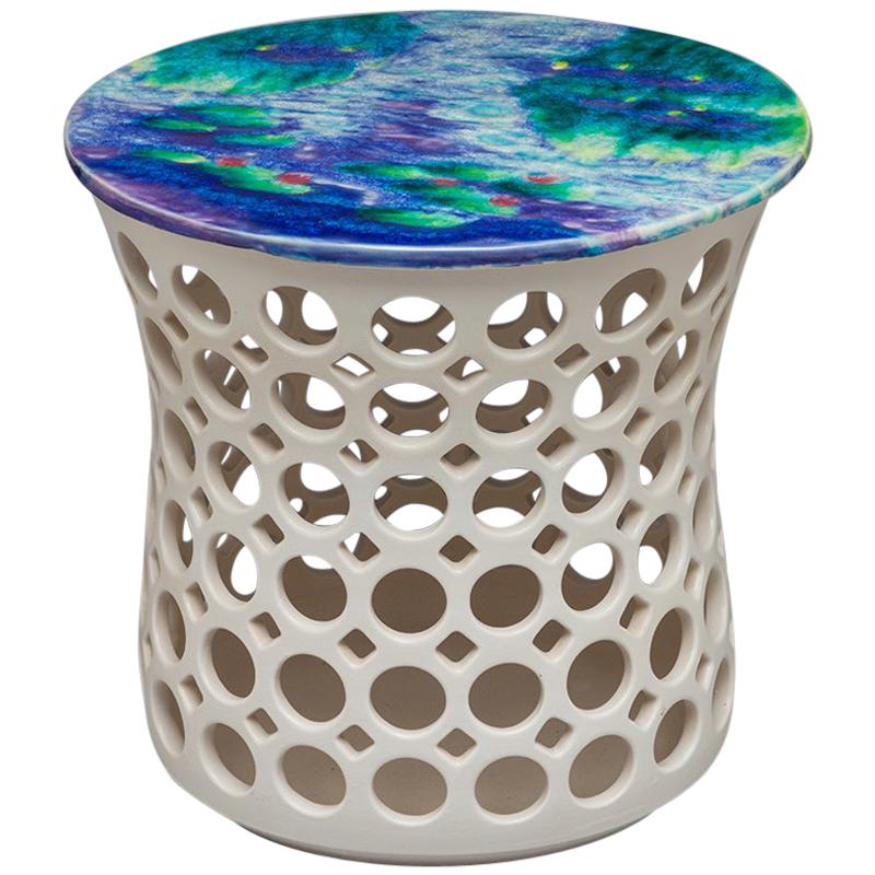 White Ceramic Pierced Side Table with Blue and Green Impressionist Ceramic Top