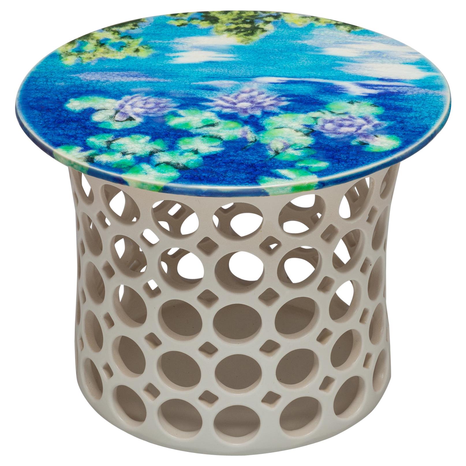 White Ceramic Pierced Side Table with Blue/Turquoise Impressionist Ceramic Top