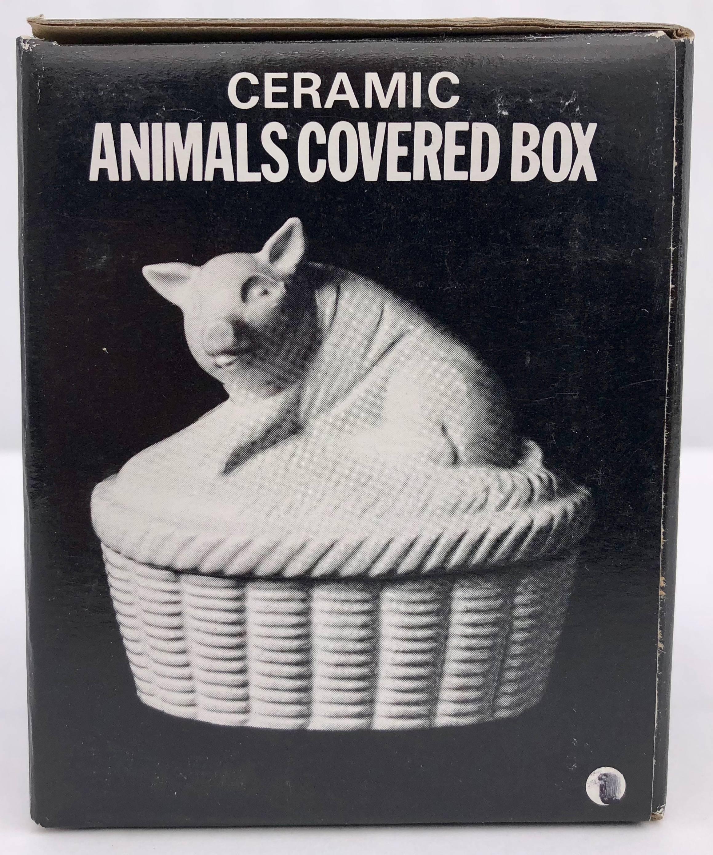 White Ceramic Pig Covered Box, Japan, 1980s in It's Original Box For Sale 1
