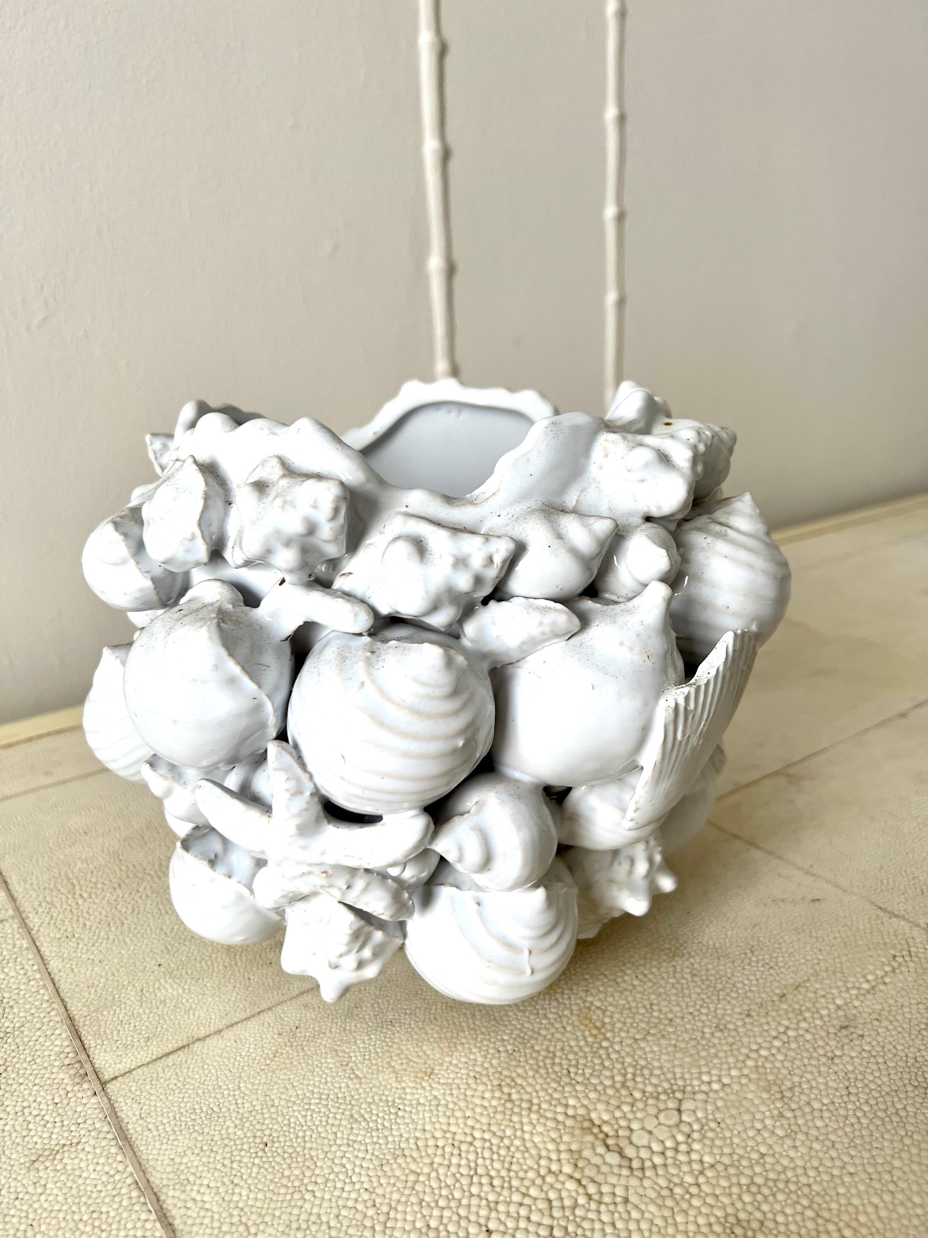 Mid-Century Modern White Ceramic Porcelain Planter Jardiniere with Shell Motif