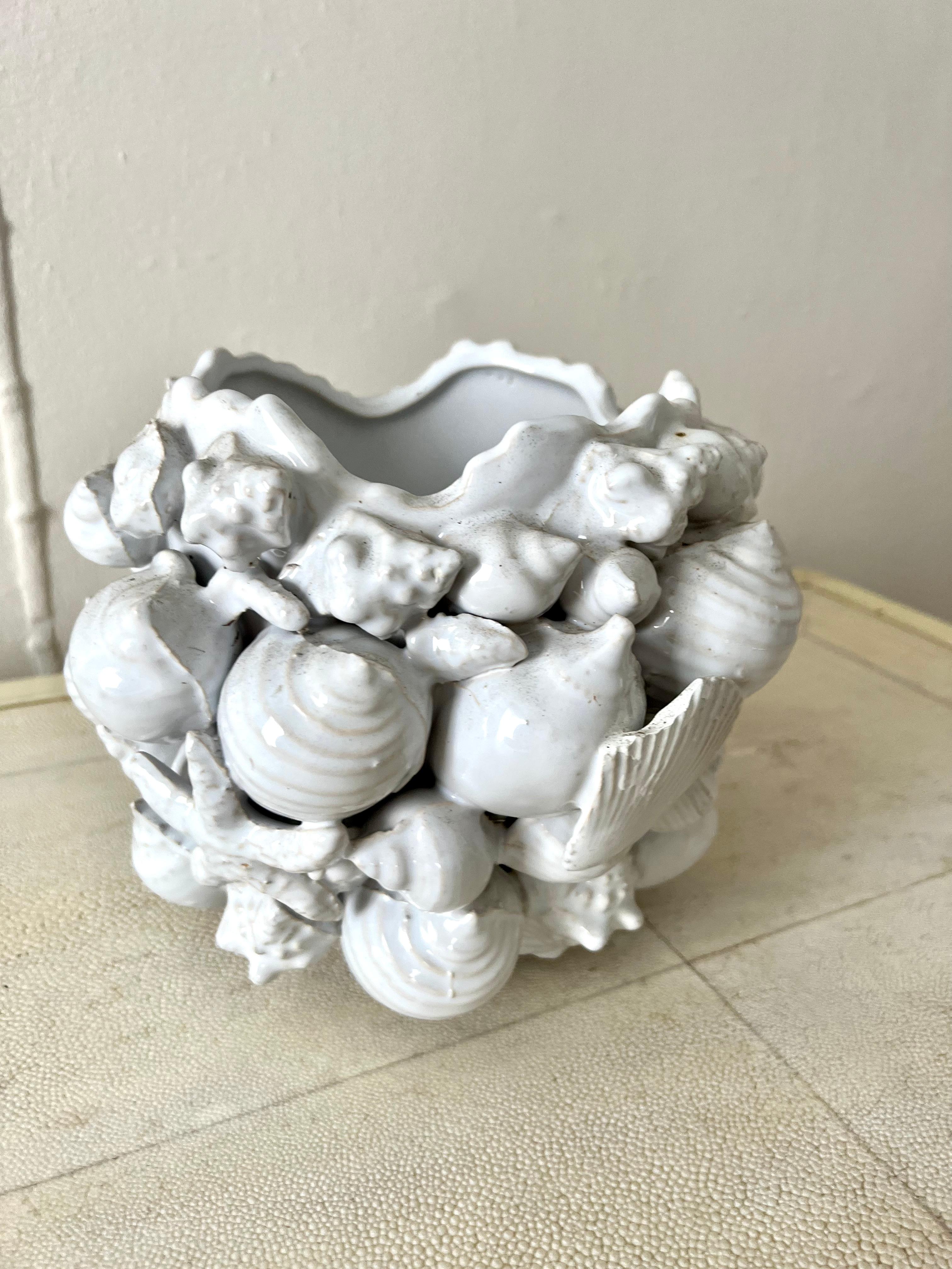 Repoussé White Ceramic Porcelain Planter Jardiniere with Shell Motif