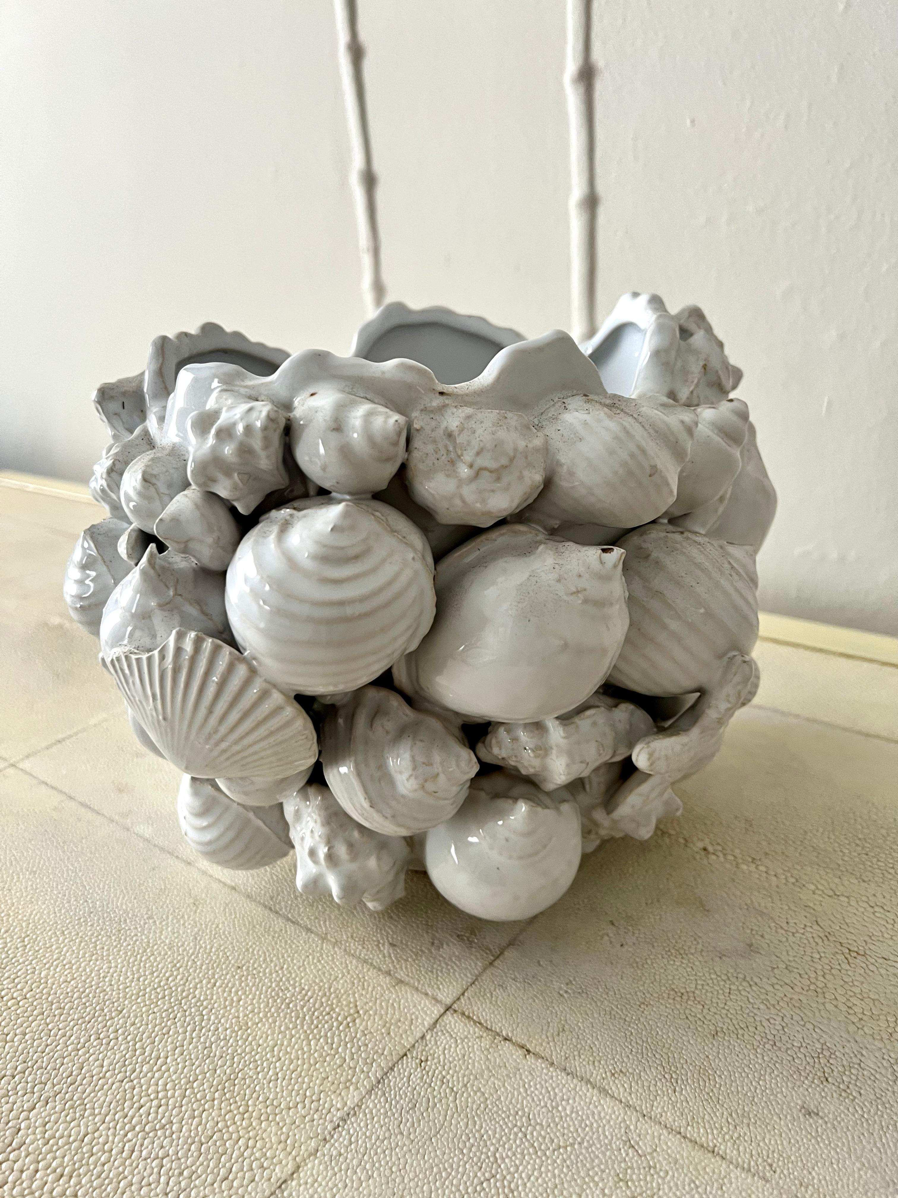 White Ceramic Porcelain Planter Jardiniere with Shell Motif 1