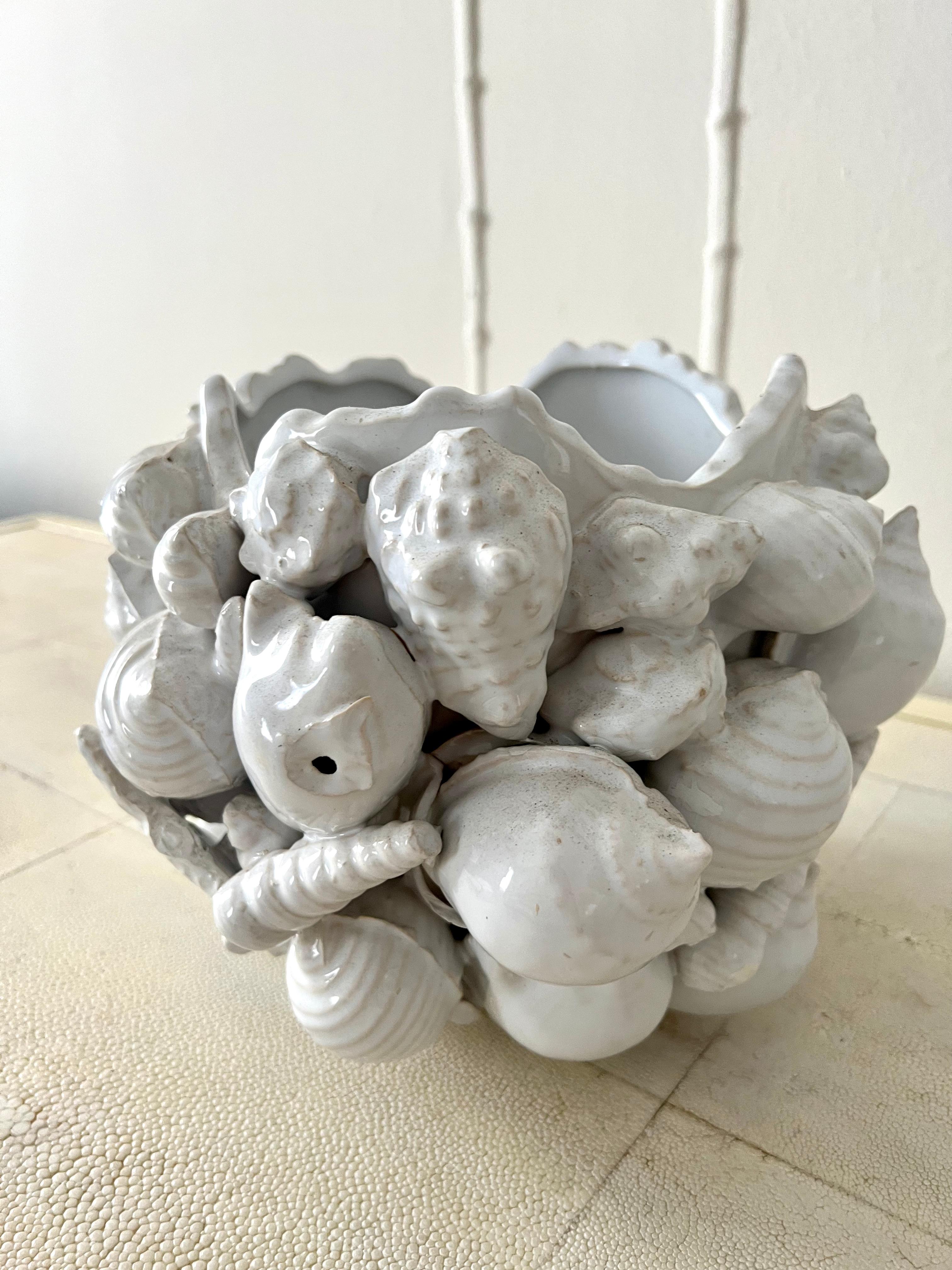 White Ceramic Porcelain Planter Jardiniere with Shell Motif 2