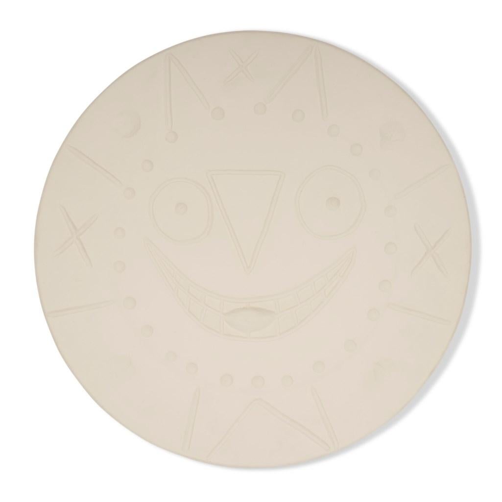 White earthenware ceramic plate with white engobe.
Stamped, marked and numbered 'Madoura Plein Feu / Empreinte Originale de Picasso / C 106/31/100' (underneath). 
(A.R. 327).