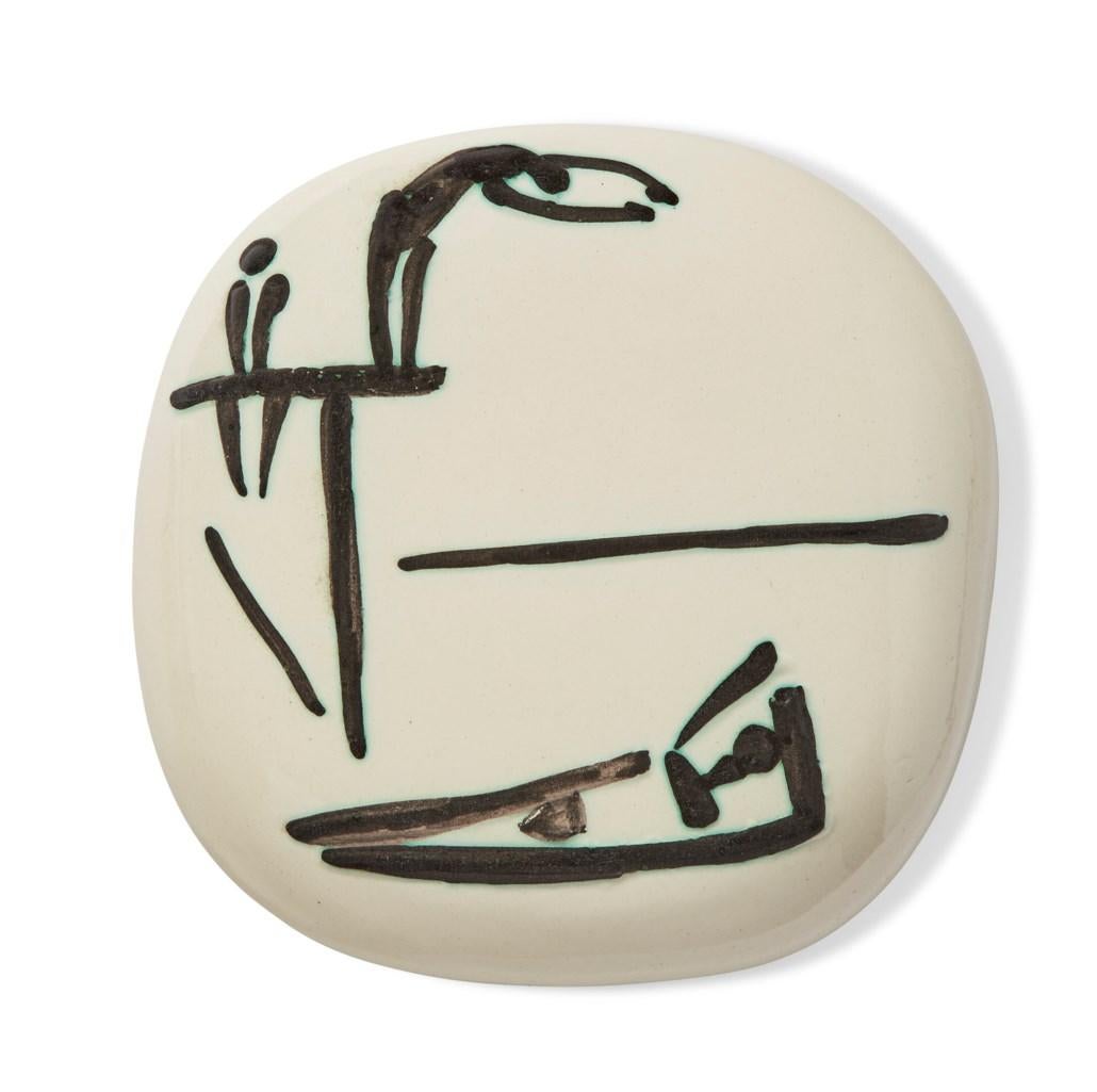 White earthenware ceramic plaque with black oxide and white glaze.
Stamped 'Madoura Plein Feu/Empreinte Originale de Picasso' (on the reverse).
(A.R. 377).