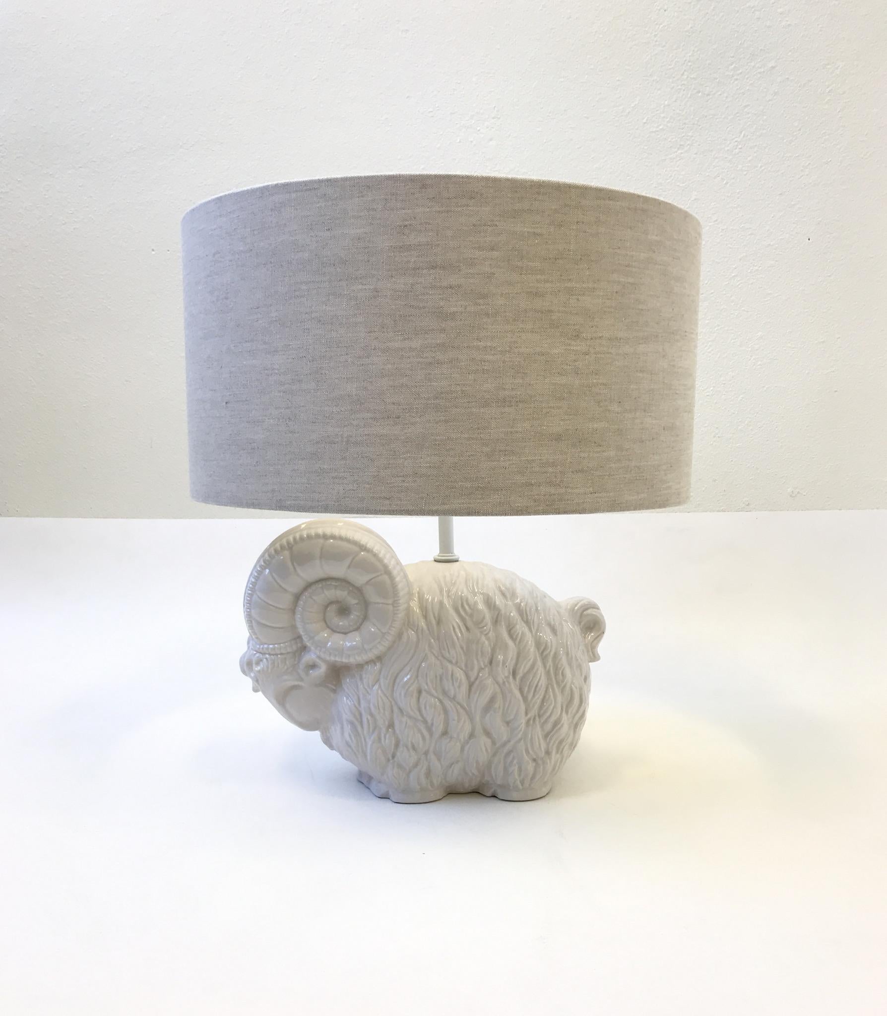 American White Ceramic Ram Table Lamp by Hager  For Sale