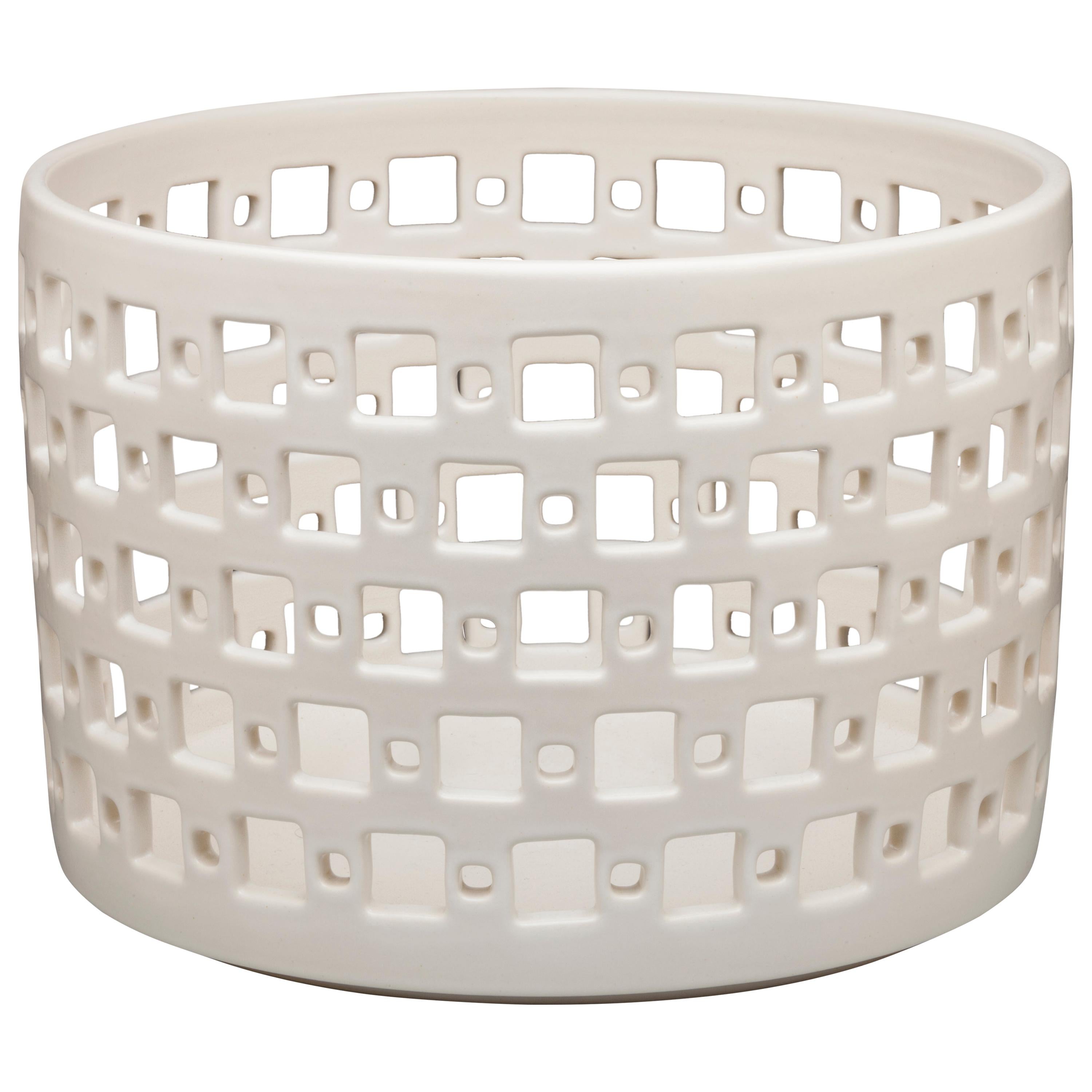 White Ceramic Square Pierced Cylindrical Bowl or Vessel, In Stock For Sale