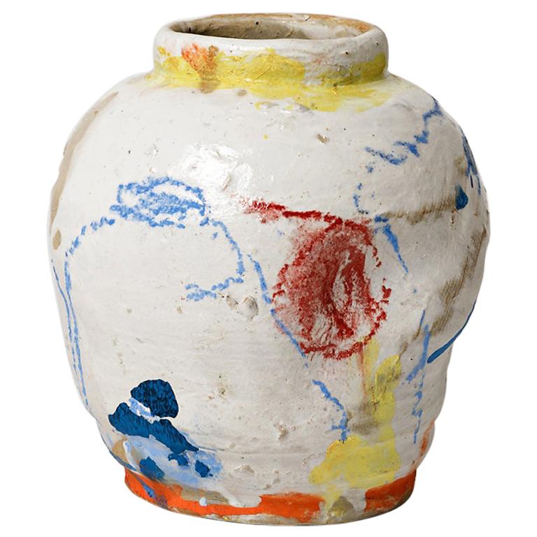 White Ceramic Stoneware Vase by Claude Varlan Abstract Colors Painting