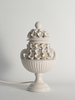 White Ceramic Table Lamp with Flower Motif, Italy 1960s