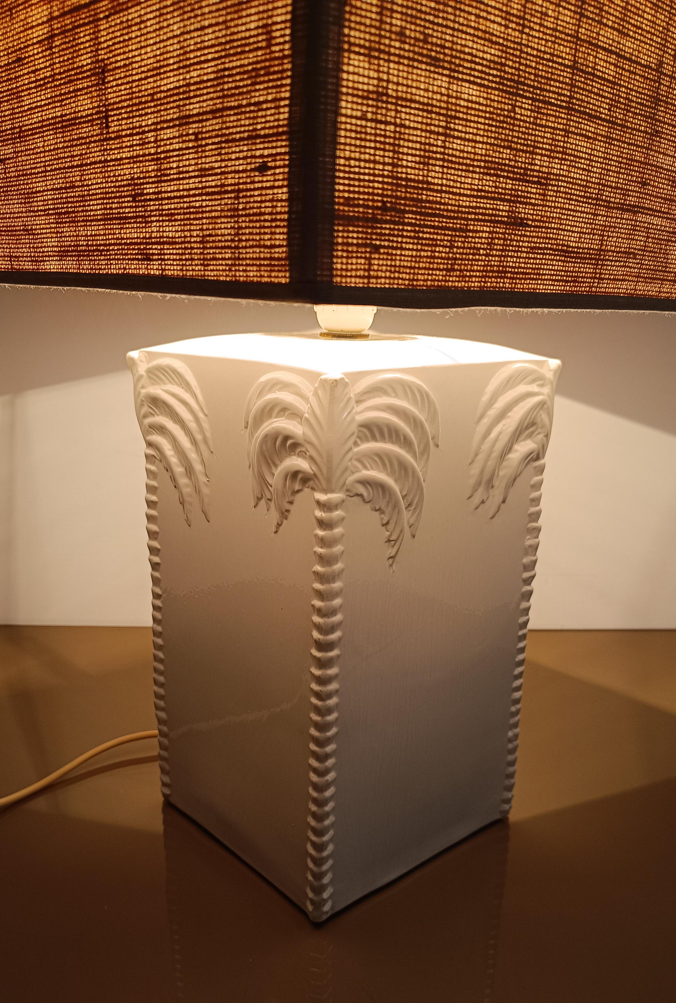 White Ceramic Table Lamp with with Palm Tree Decor, Vivai del Sud Style, 70s For Sale 5