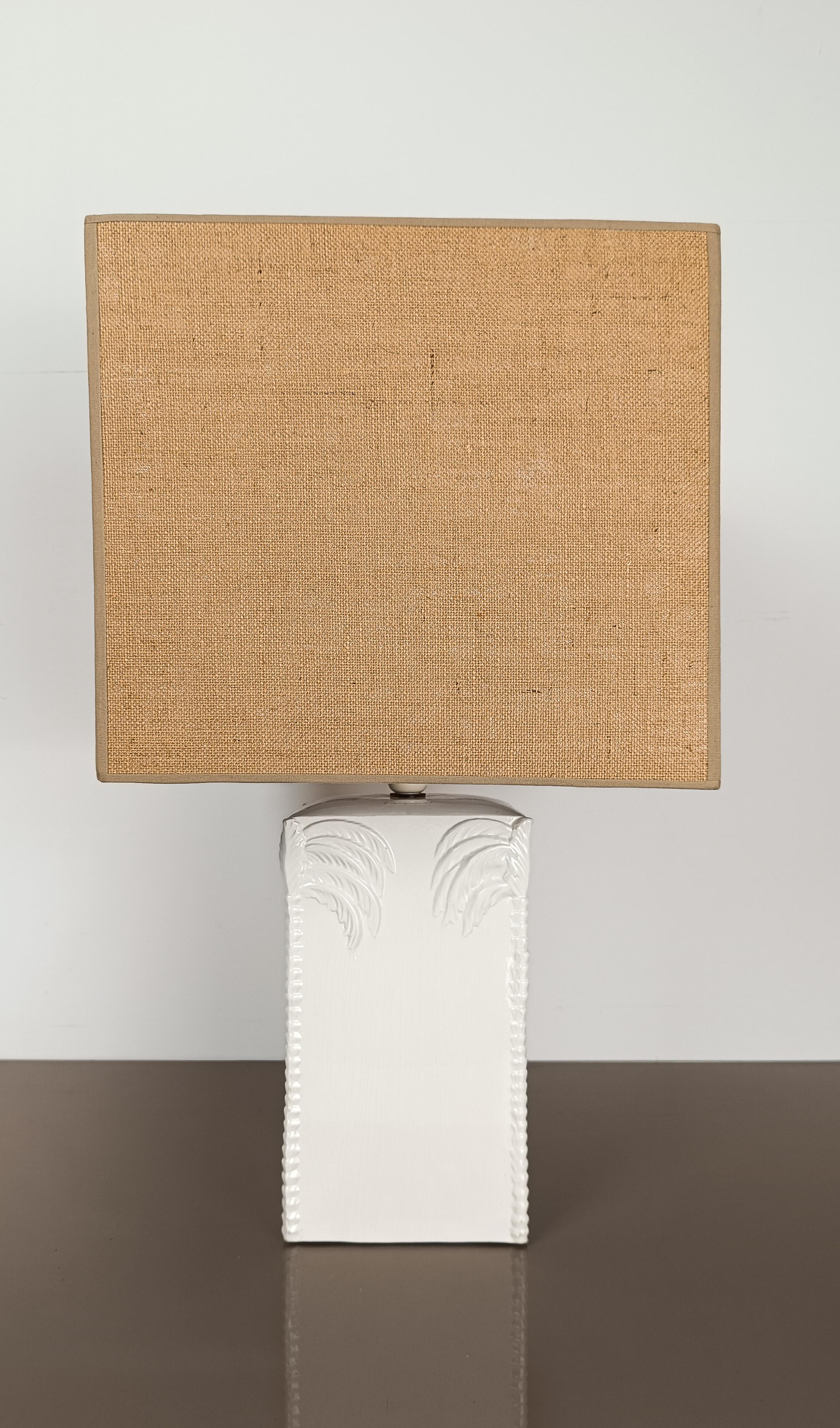 White Ceramic Table Lamp with with Palm Tree Decor, Vivai del Sud Style, 70s For Sale 6