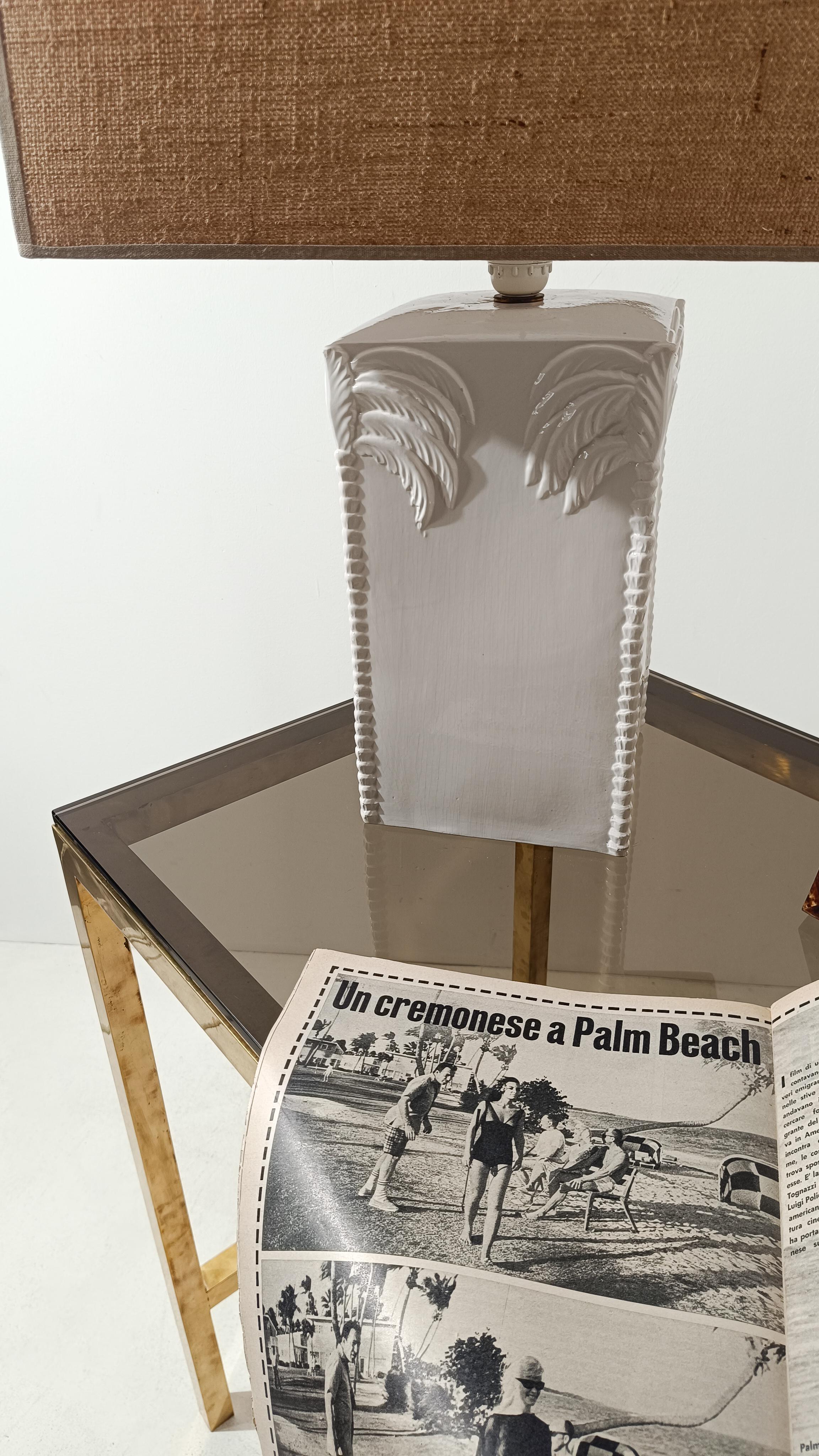 20th Century White Ceramic Table Lamp with with Palm Tree Decor, Vivai del Sud Style, 70s For Sale