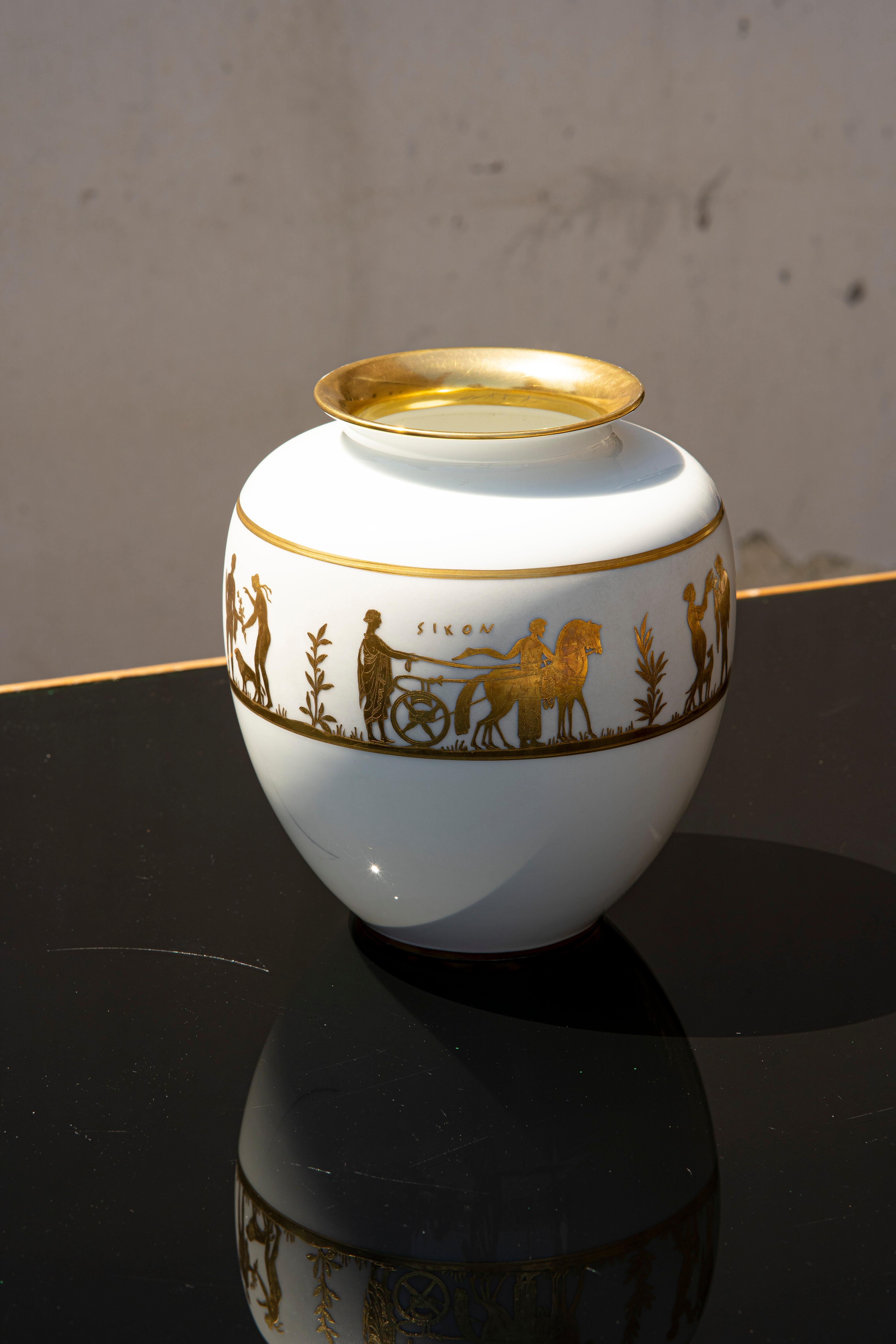 Italian White Ceramic Vase with Gold Screen-Printing, 