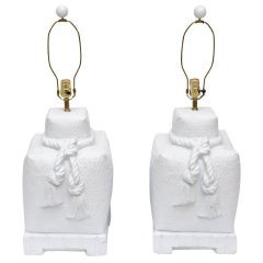 White Ceramic Woven, Roped and Tasseled Monumental Lamps Pair of Vintage