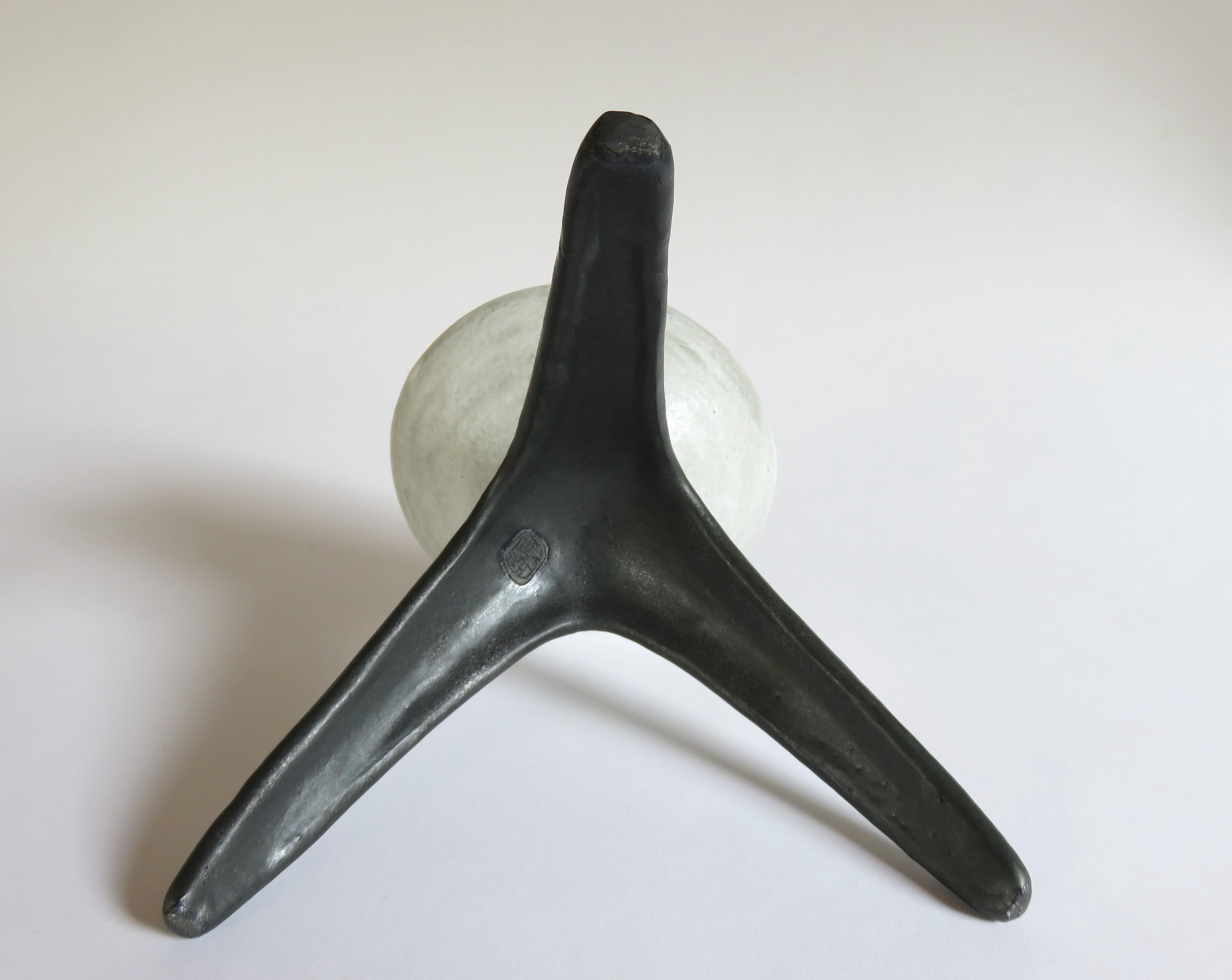 White Chalice Cup on Black Tripod Legs, Glazed Hand Built Ceramic Sculpture 4