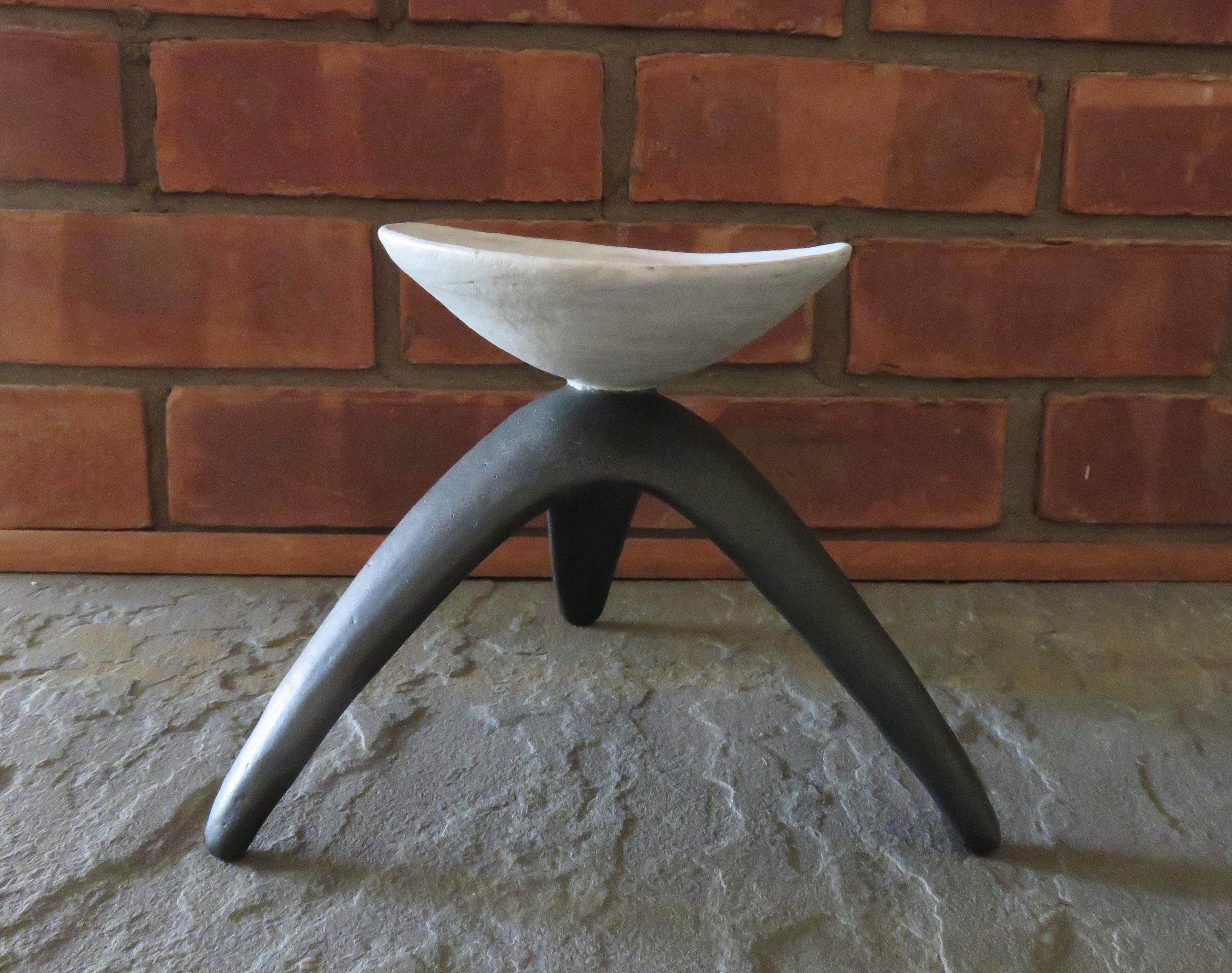 White Chalice Cup on Black Tripod Legs, Glazed Hand Built Ceramic Sculpture 6
