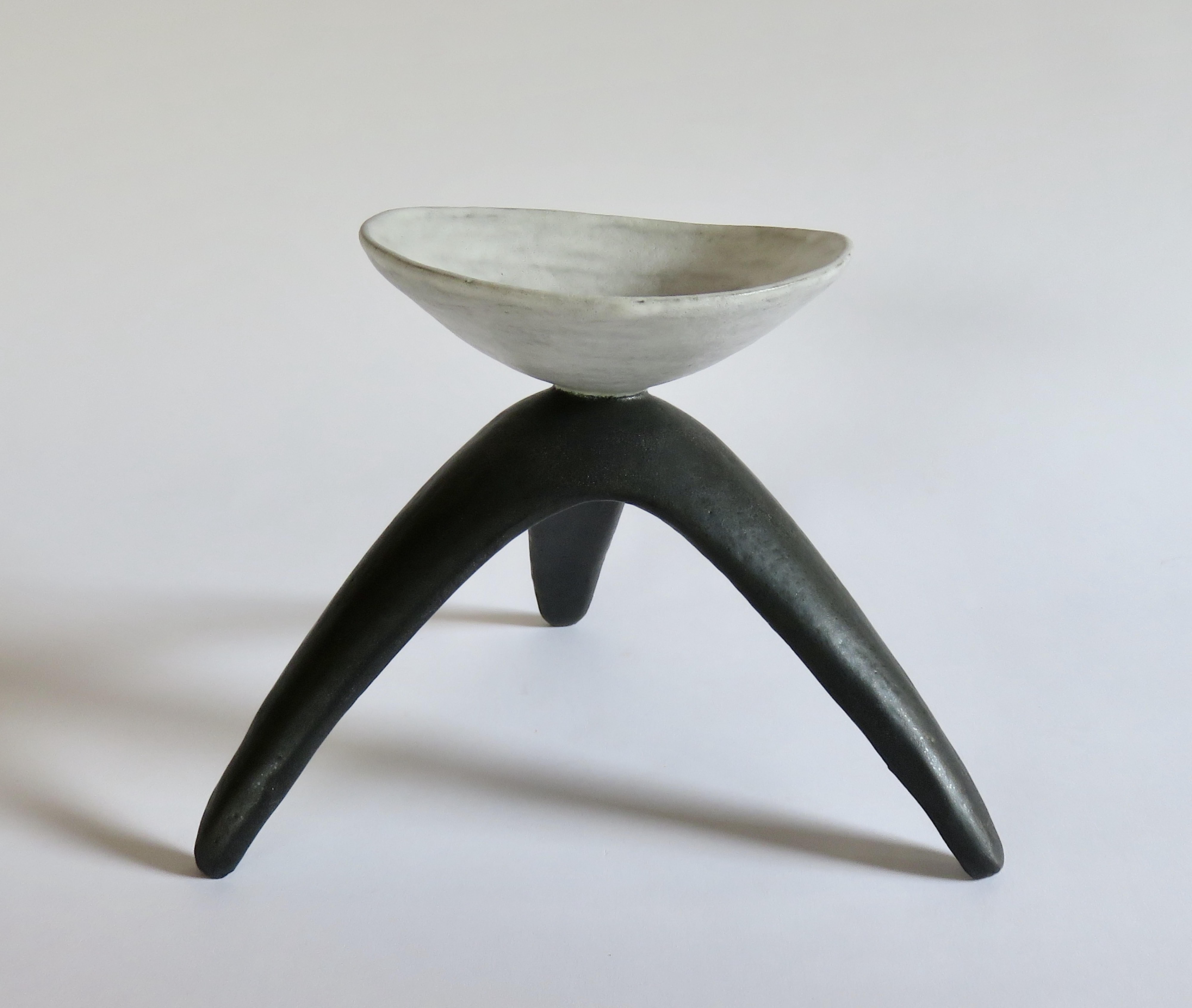Organic Modern White Chalice Cup on Black Tripod Legs, Glazed Hand Built Ceramic Sculpture