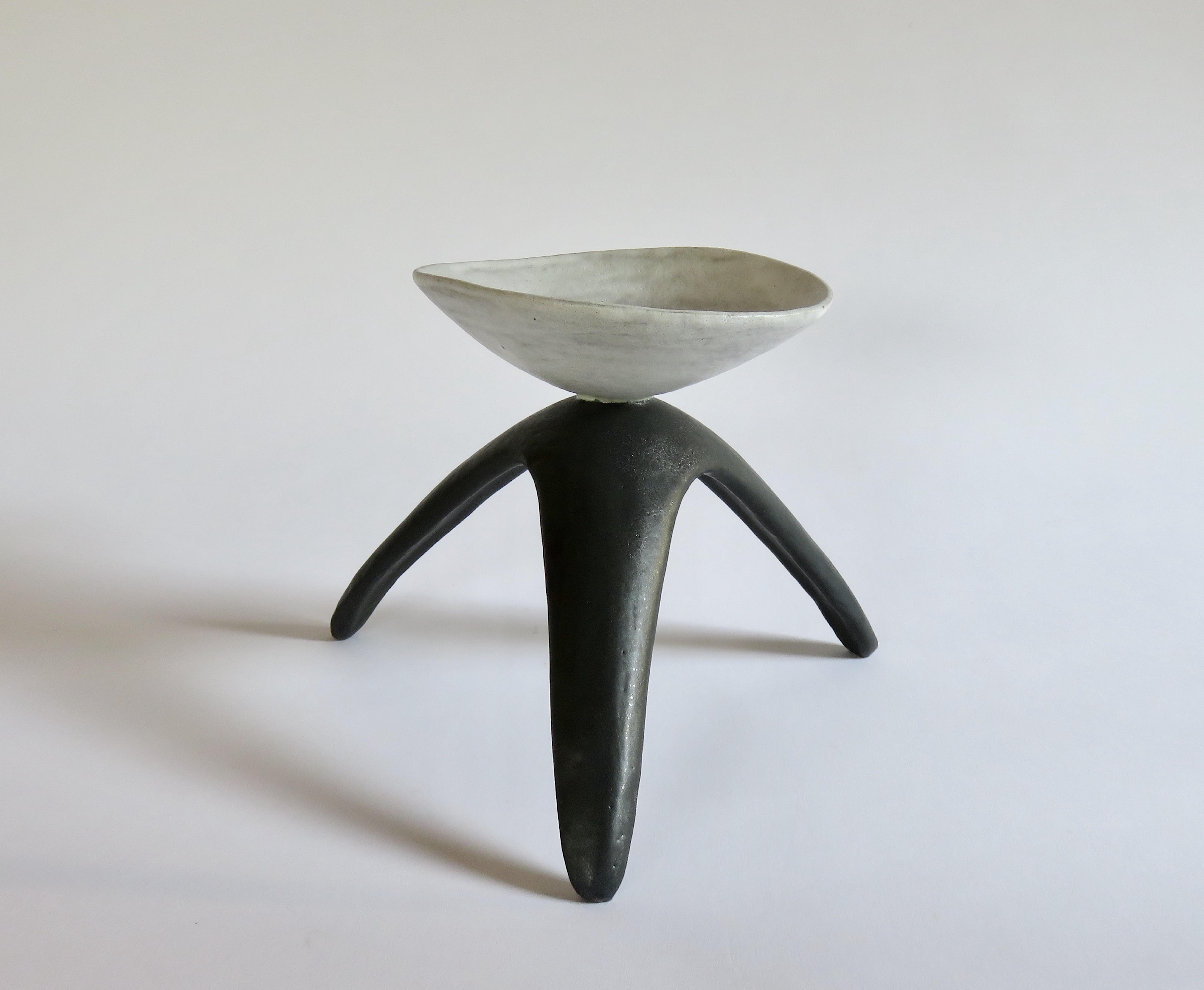 American White Chalice Cup on Black Tripod Legs, Glazed Hand Built Ceramic Sculpture