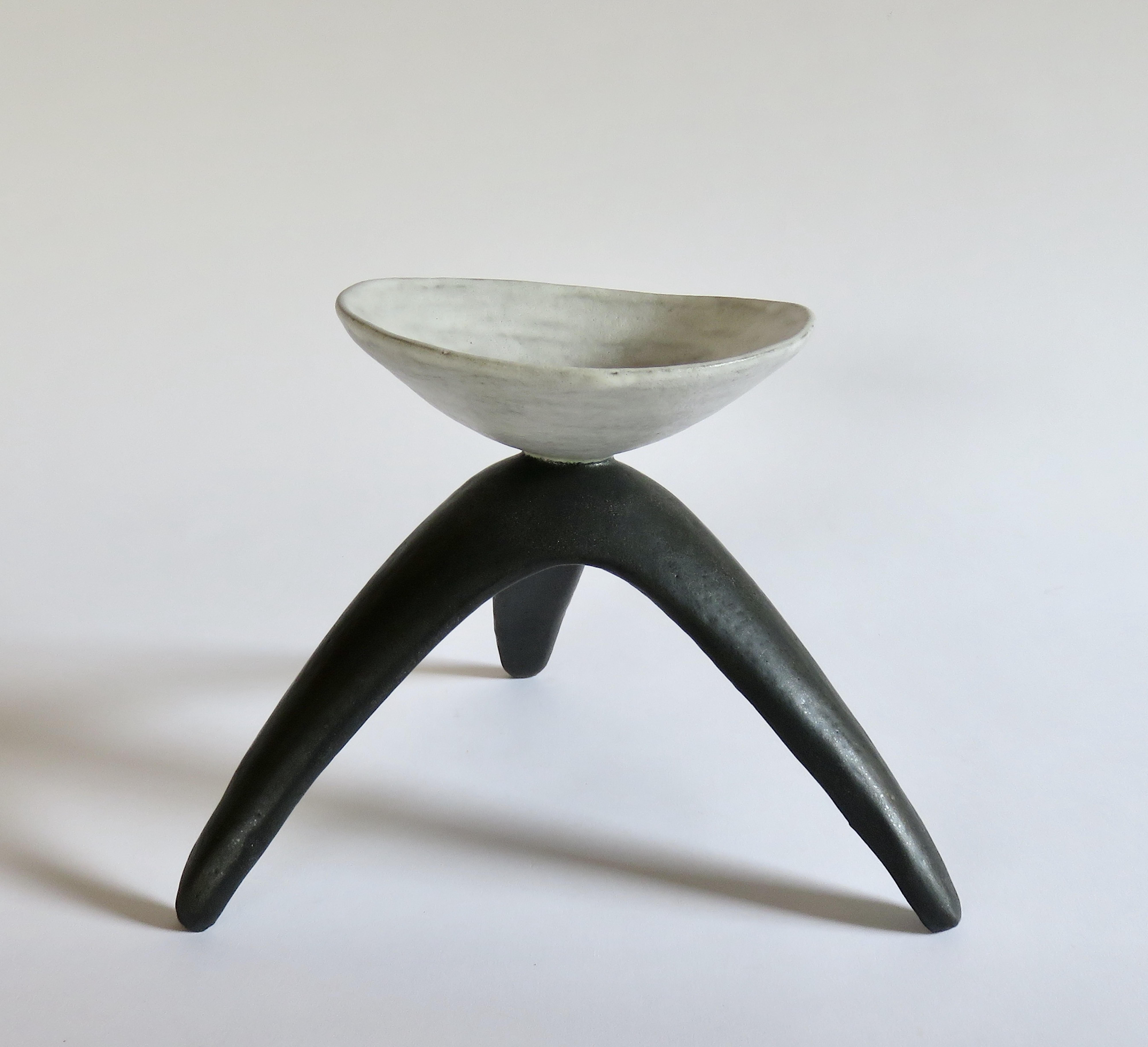 White Chalice Cup on Black Tripod Legs, Glazed Hand Built Ceramic Sculpture In New Condition In New York, NY