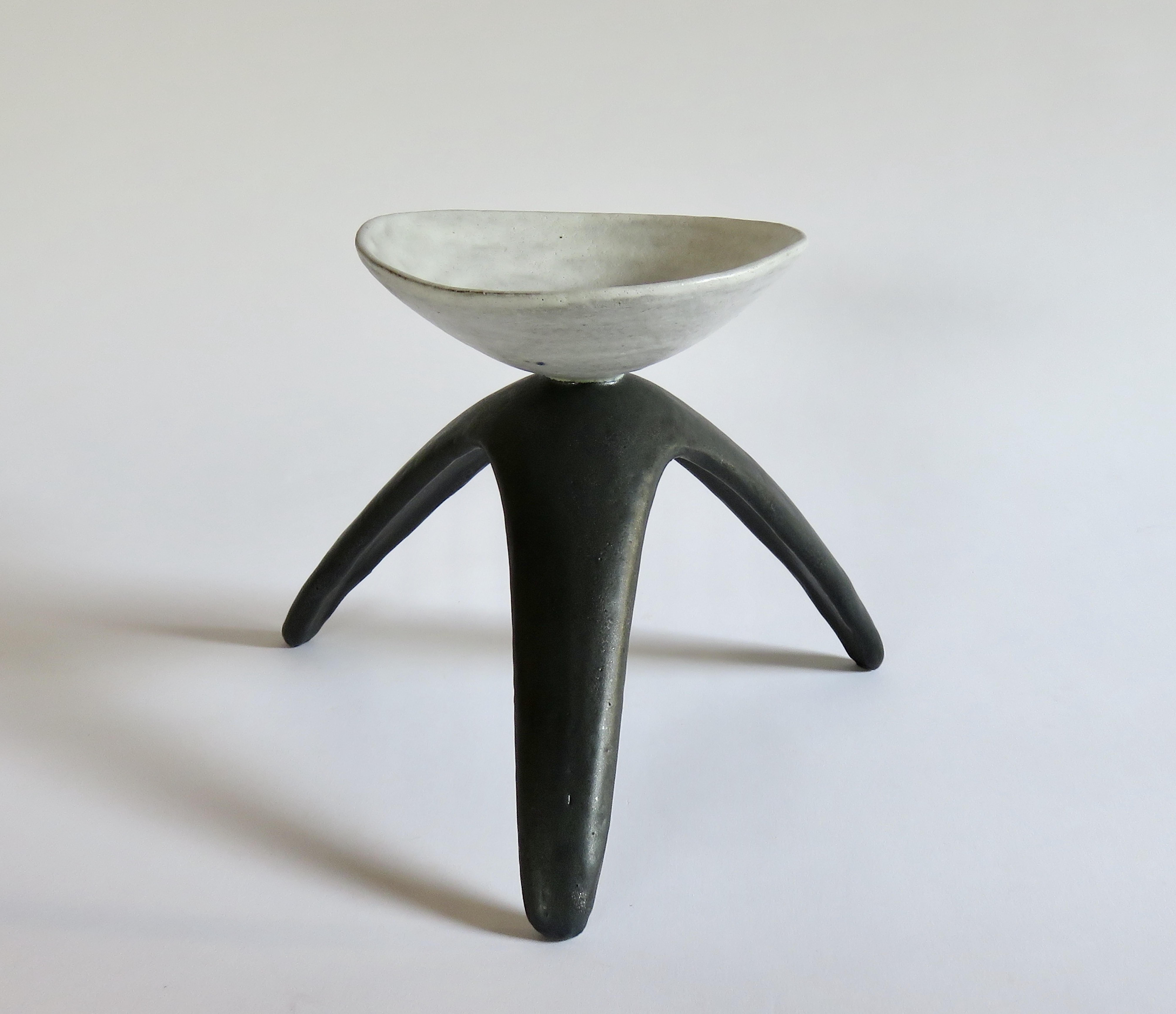 Contemporary White Chalice Cup on Black Tripod Legs, Glazed Hand Built Ceramic Sculpture