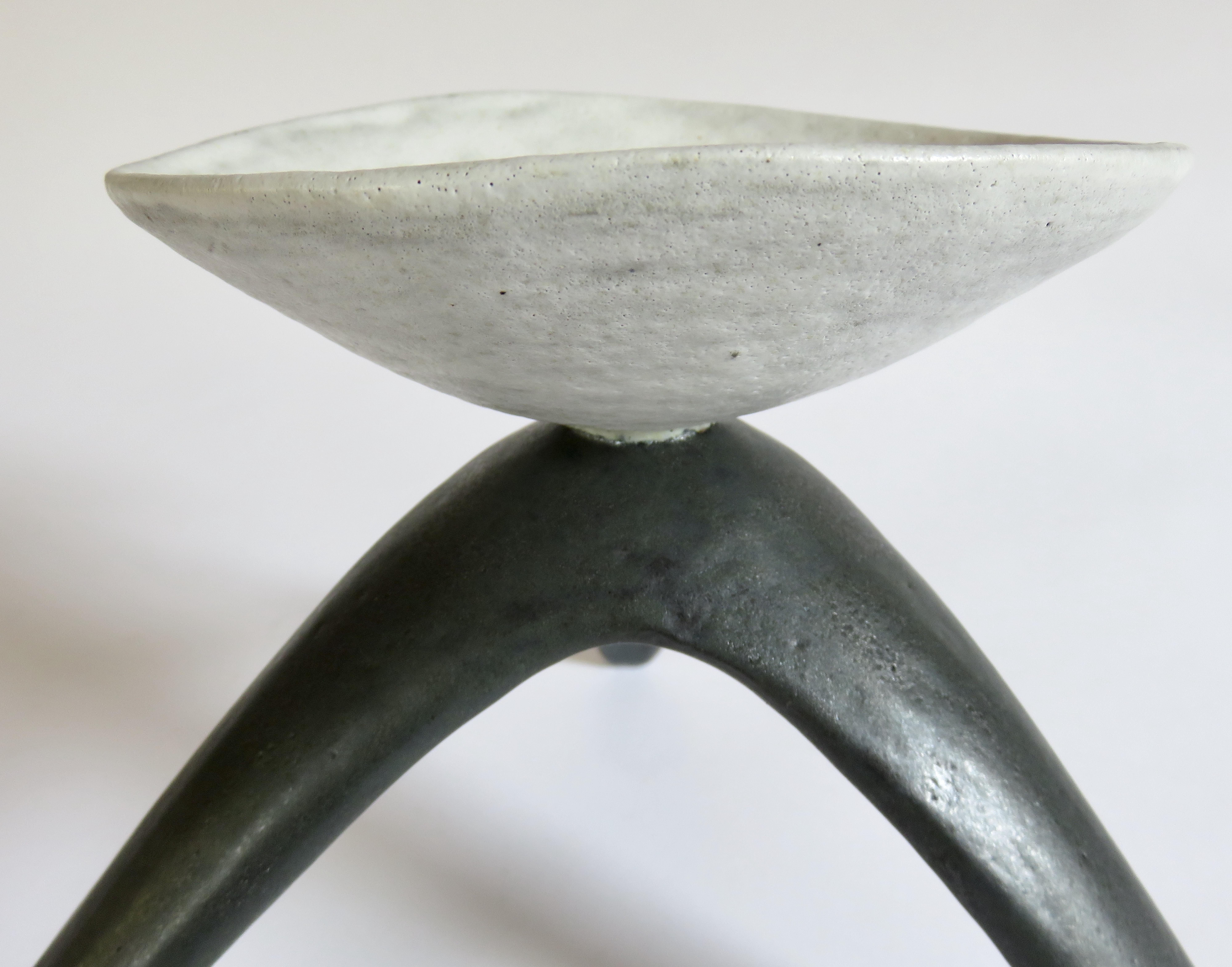 White Chalice Cup on Black Tripod Legs, Glazed Hand Built Ceramic Sculpture 2