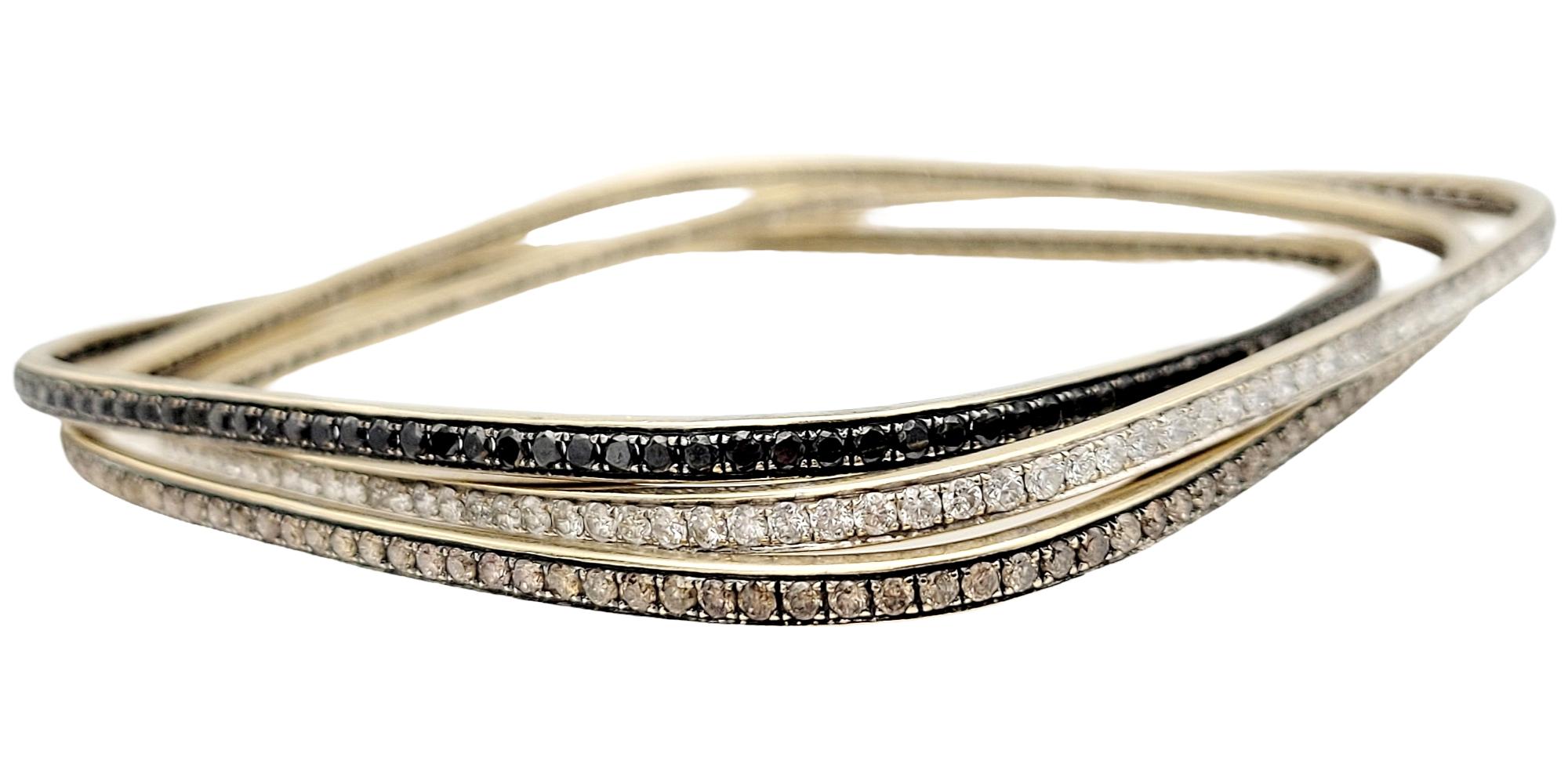 Contemporary White, Champagne and Black Diamond Square Bangle Bracelet Set in Yellow Gold For Sale