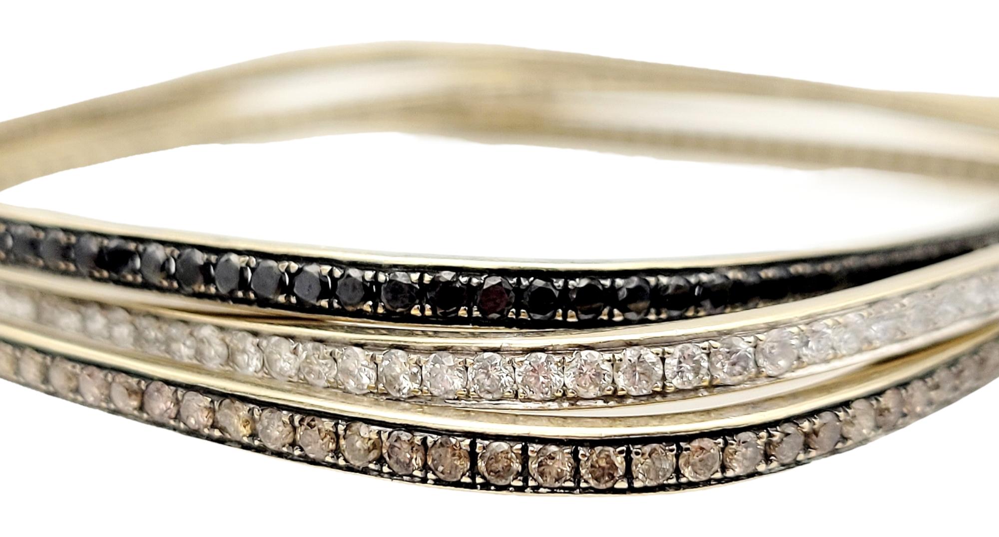 Round Cut White, Champagne and Black Diamond Square Bangle Bracelet Set in Yellow Gold For Sale